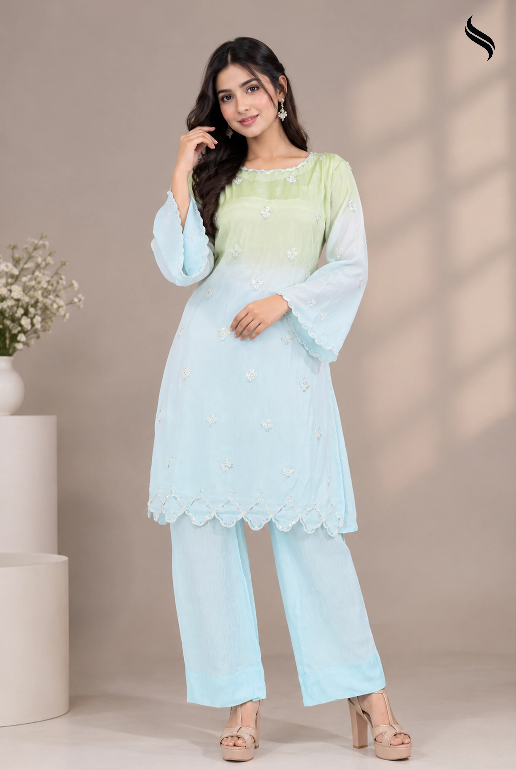 SEESHELL Women's 2pcs Boat Neck Zari Silk Ombre (Lime-sky blue ombre Color) 01