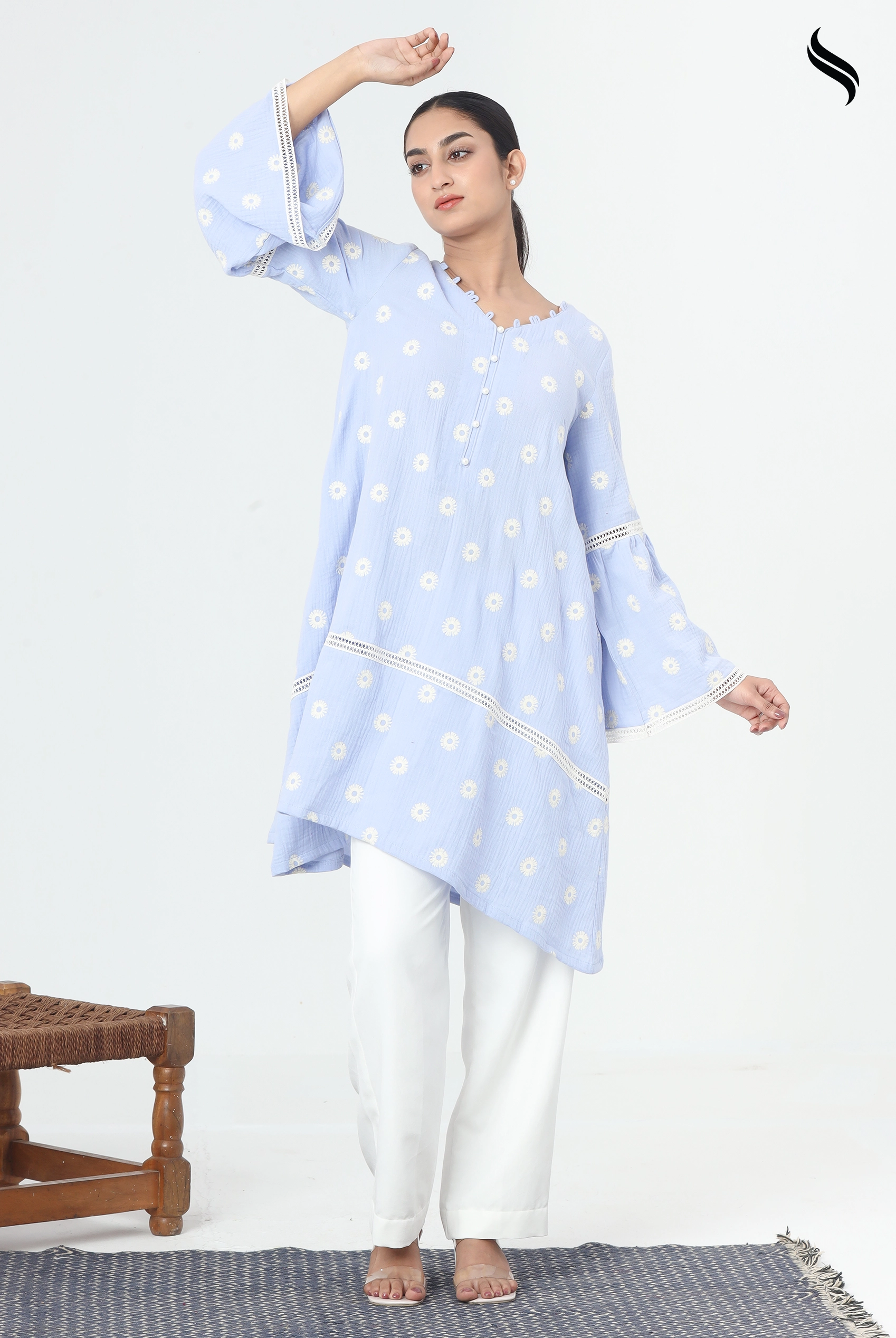 SEESHELL Women's Two Piece Cotton Lace Trim Pale Blue (Pale Blue Color) 01