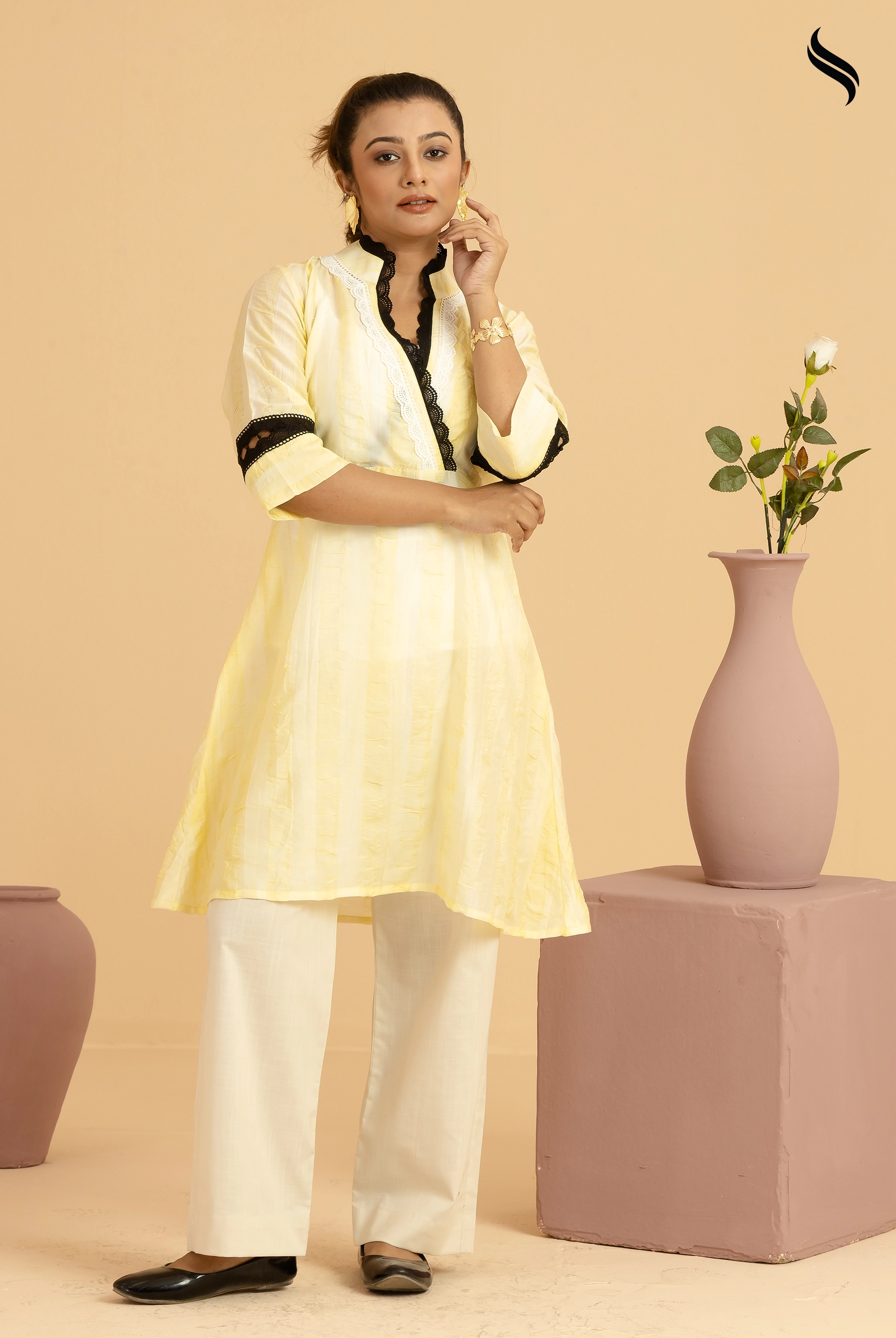 SEESHELL Women's Co-Ords Blended Cotton Lace Pale Yellow (Pale Yellow Color) 01