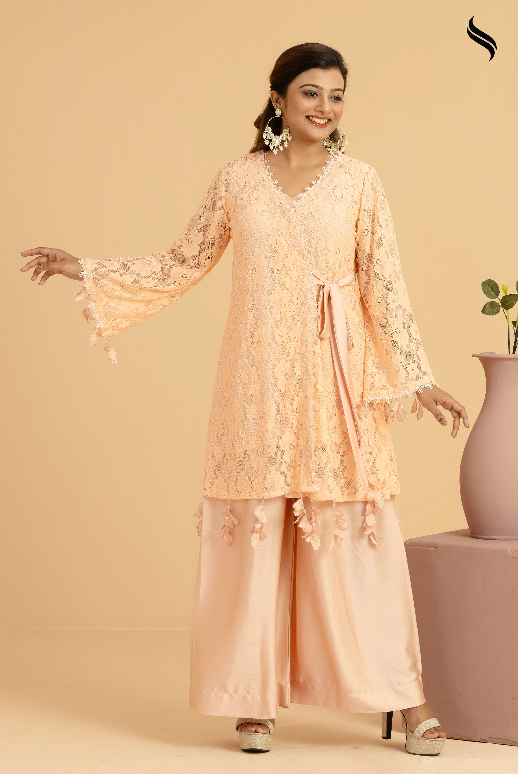 SEESHELL Women's Two Piece Net Wrap Crystal Fringe Peach (Peach Color) 01