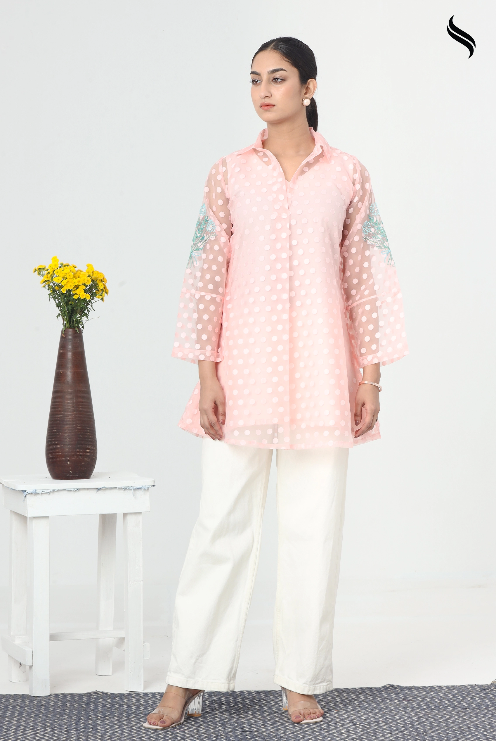 SEESHELL Women's Top Matte Embossed Organza Polka Dot Peach (Pale Peach Color) 01