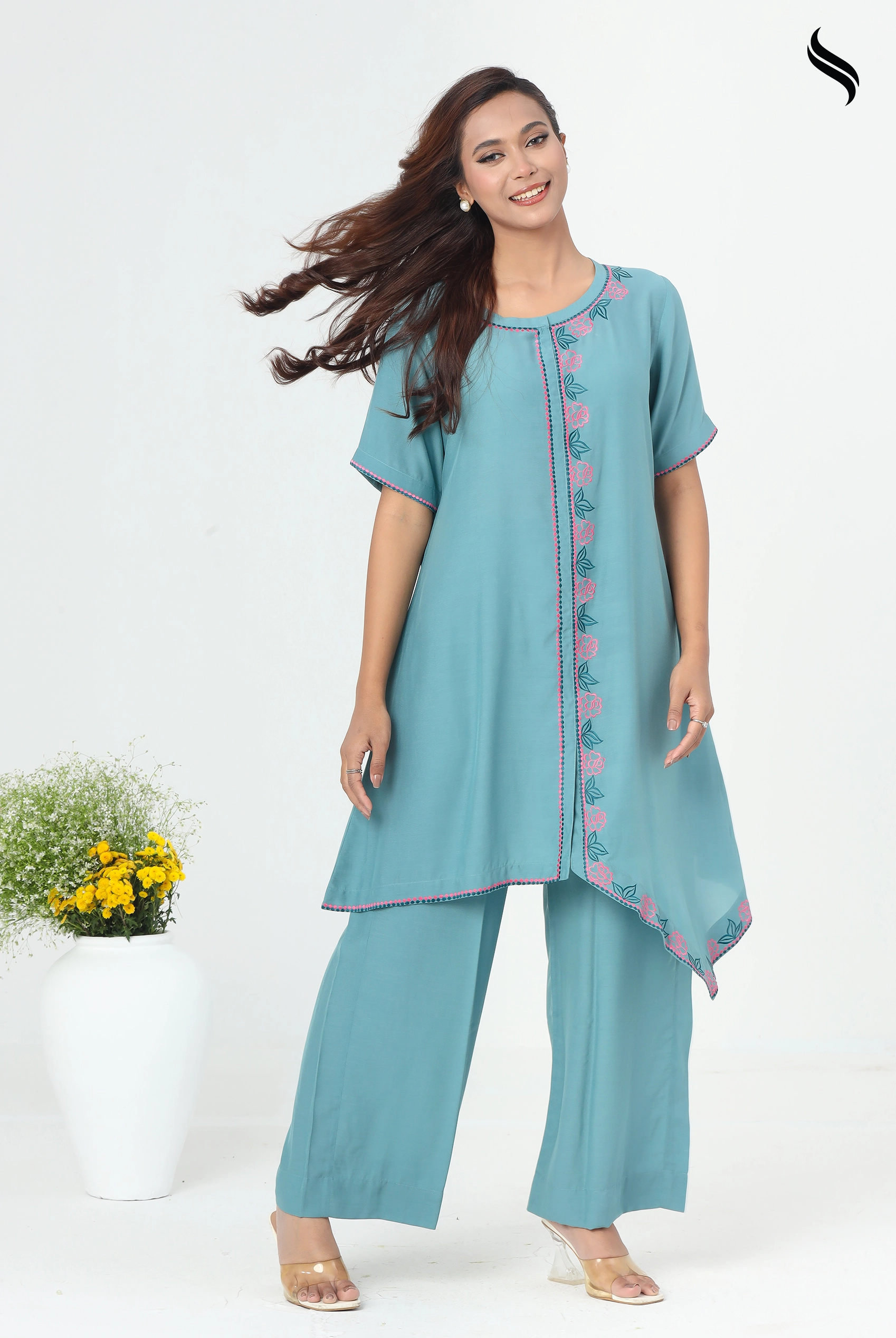 SEESHELL Women's Co-Ords Cotton Embroidery Pale Turquoise (Pine Green Color) 01