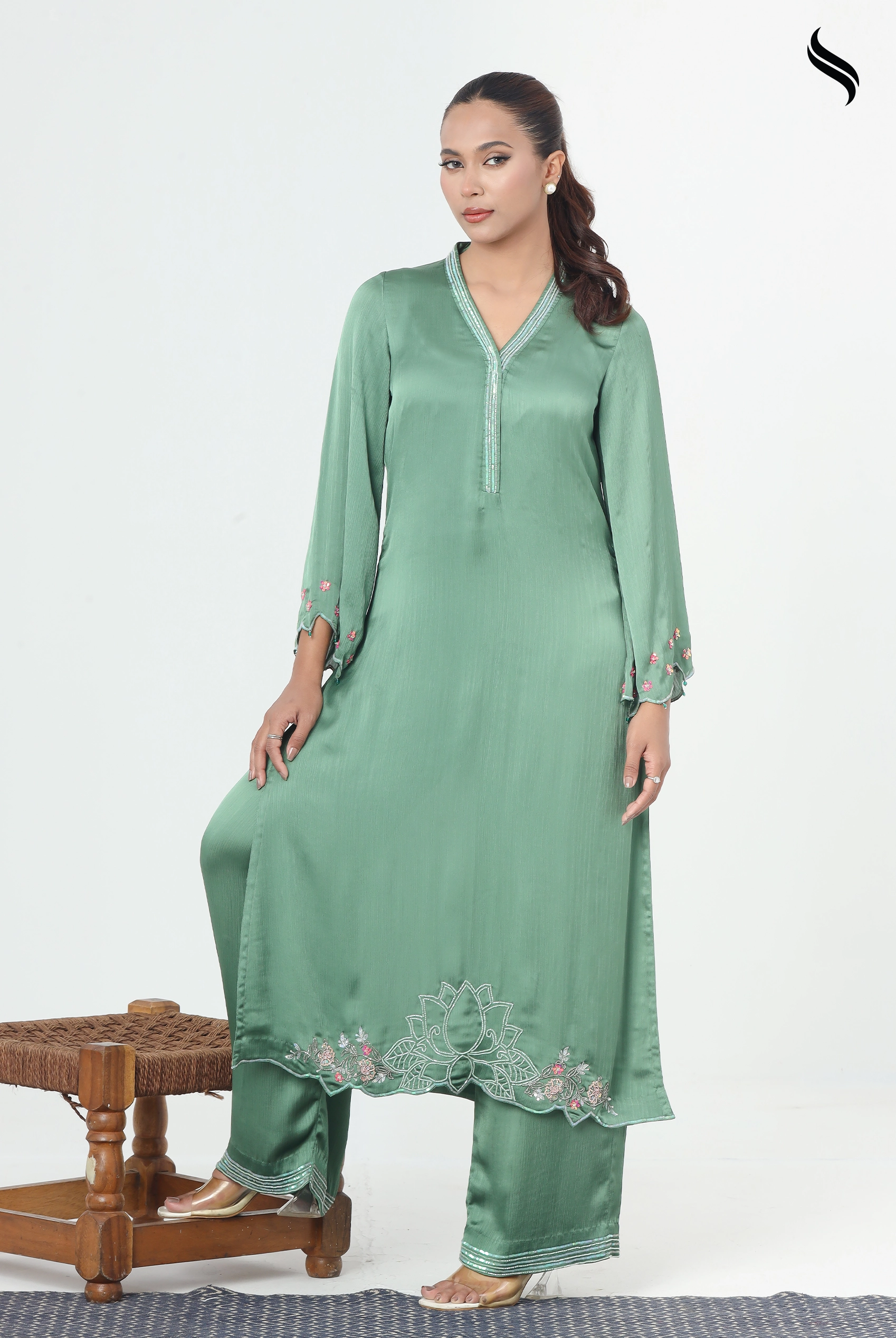 SEESHELL Women's Two Piece Silk Karchupi Pine Green (Pine Green Color) 01