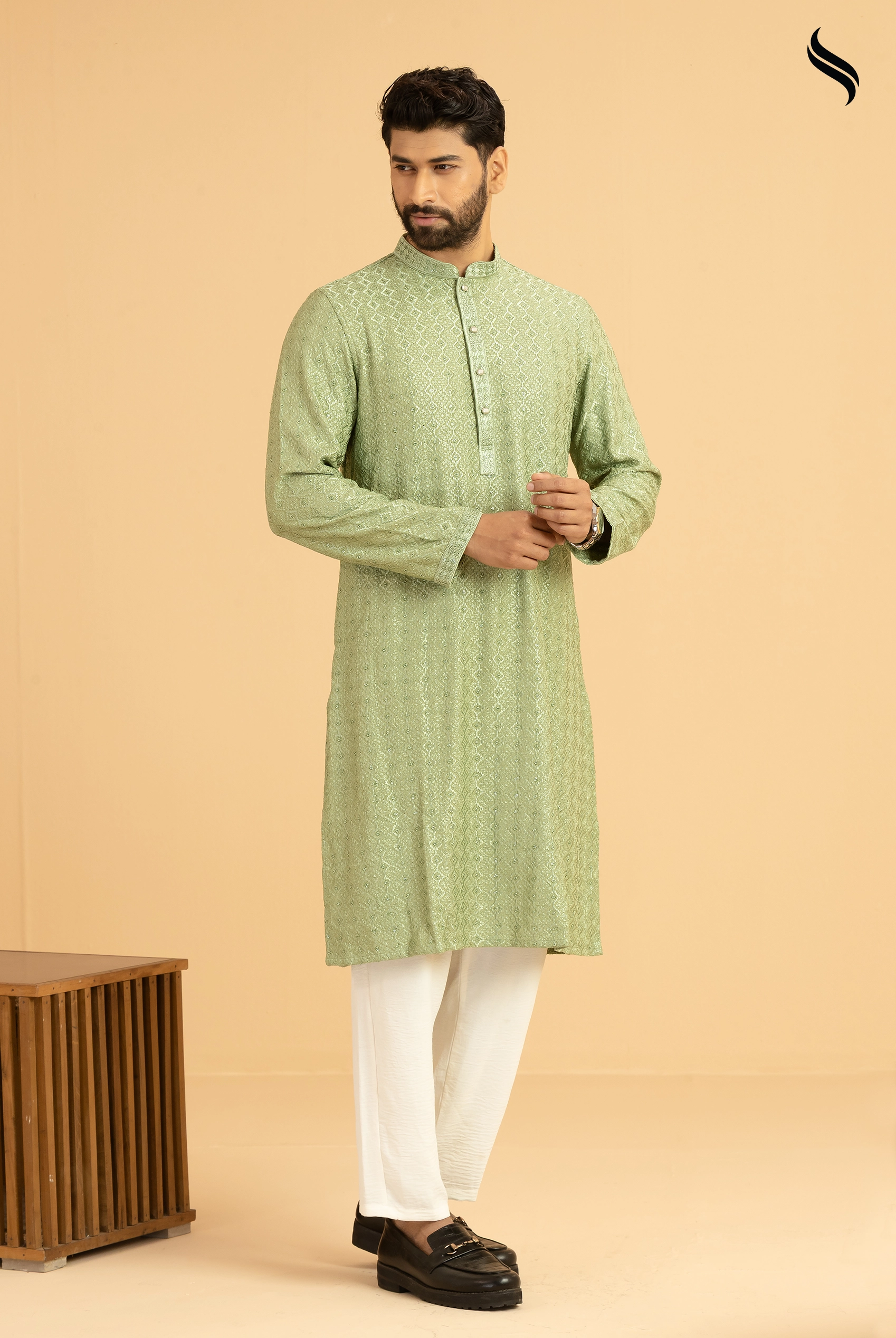 SEESHELL Men's Premium Button Panjabi Chikenkari Pistachino Green (Pistachio green Color) 01