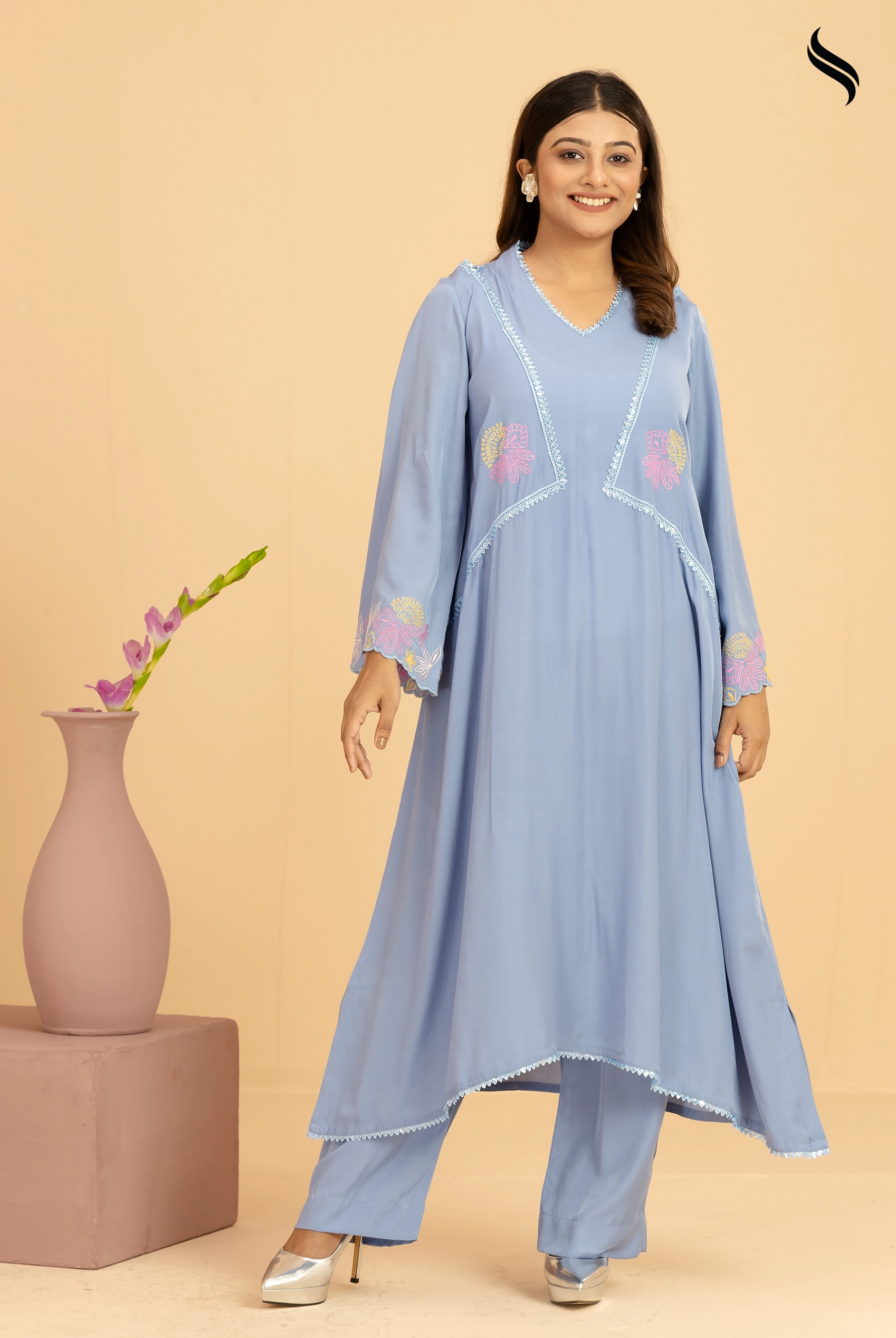 SEESHELL Women's Two Piece Silk Embroidery Powder Blue (Powder blue Color) 01