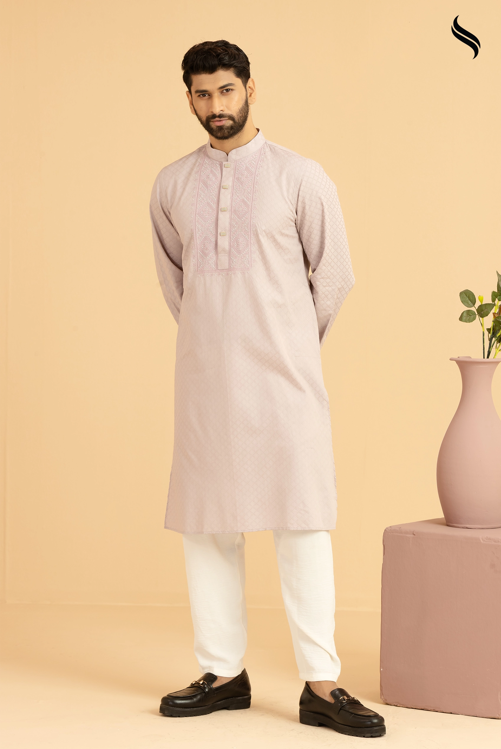 SEESHELL Men's Panjabi Artisanal Embroidery Dusty Rose (Dusty rose Color) 01
