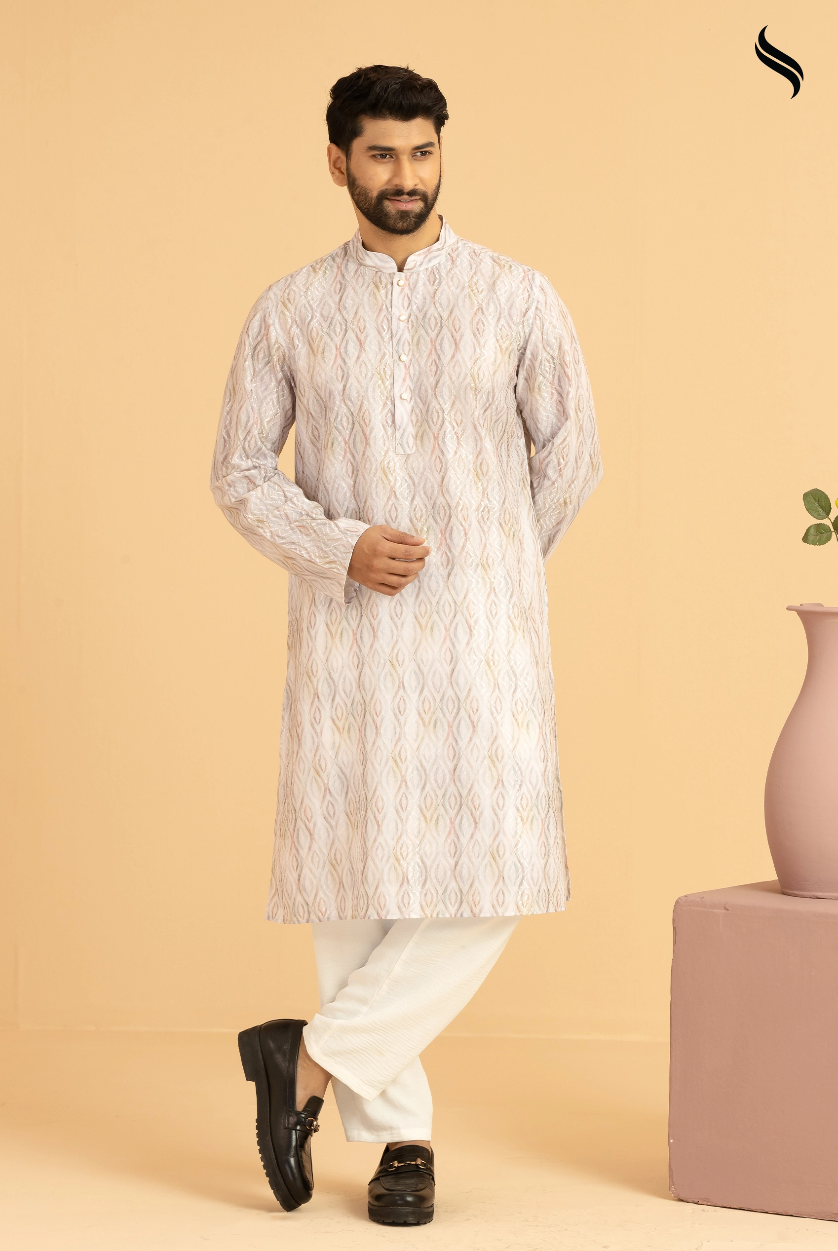 SEESHELL Men's Panjabi Printed Embossed Cotton Cream (Cream Print Color) 01