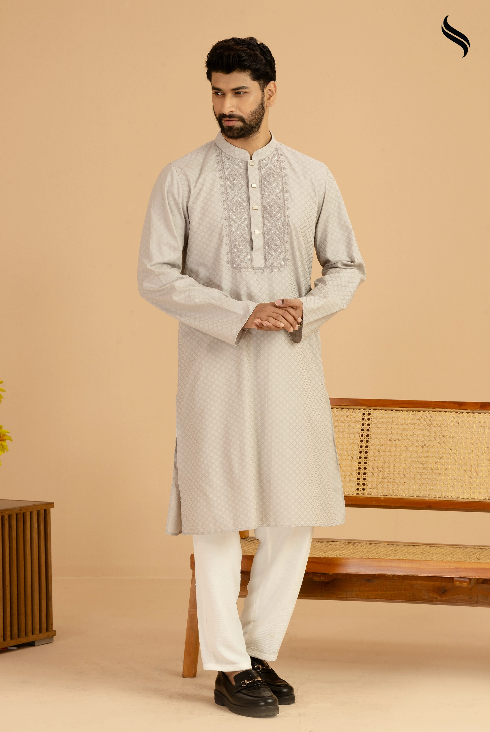 SEESHELL Men's Panjabi Blended Cotton Hand Embroidery Gray (Gray Color) 01