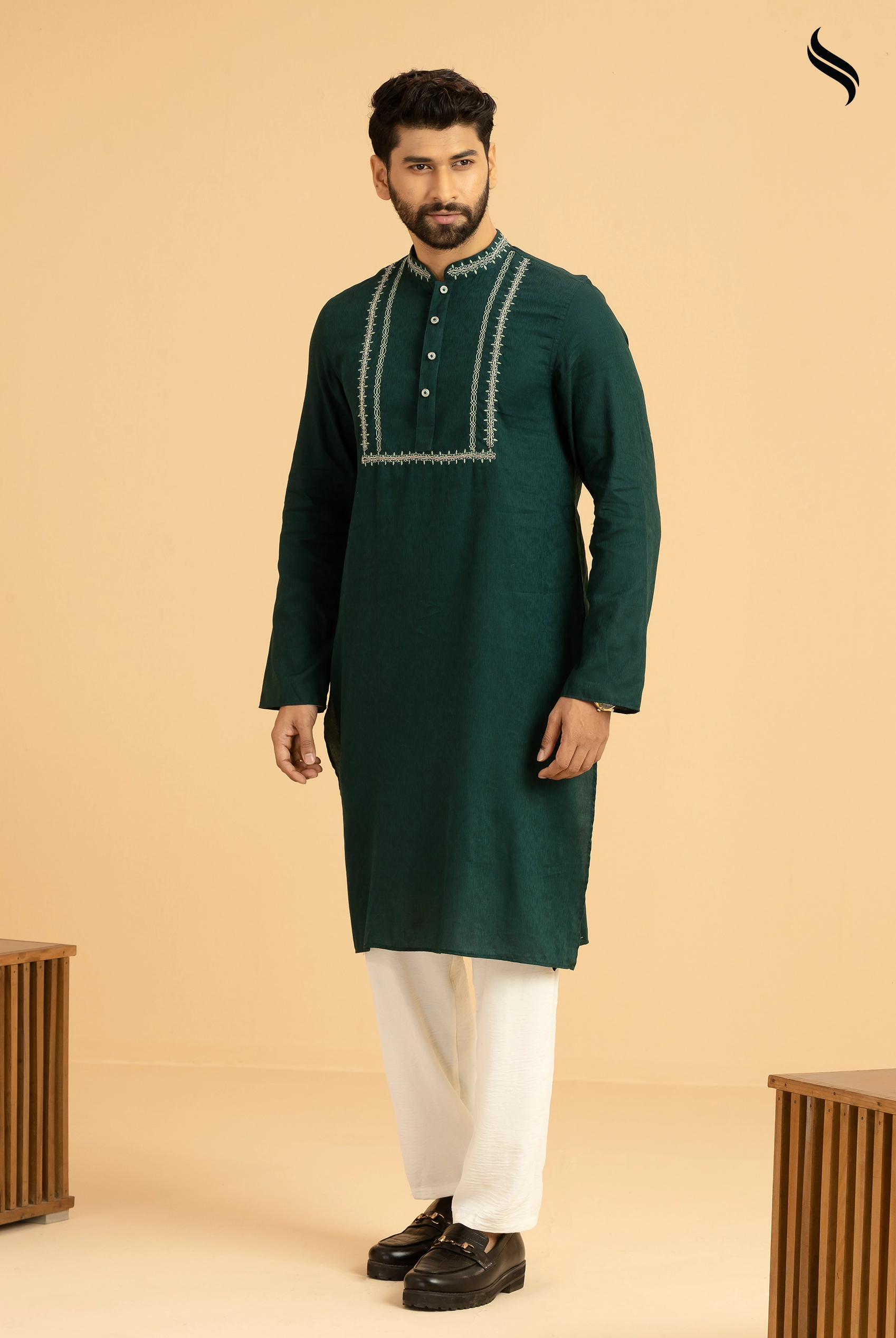 SEESHELL Men's Panjabi Cotton Hand Embroidery Racing Green (Racing green Color) 01