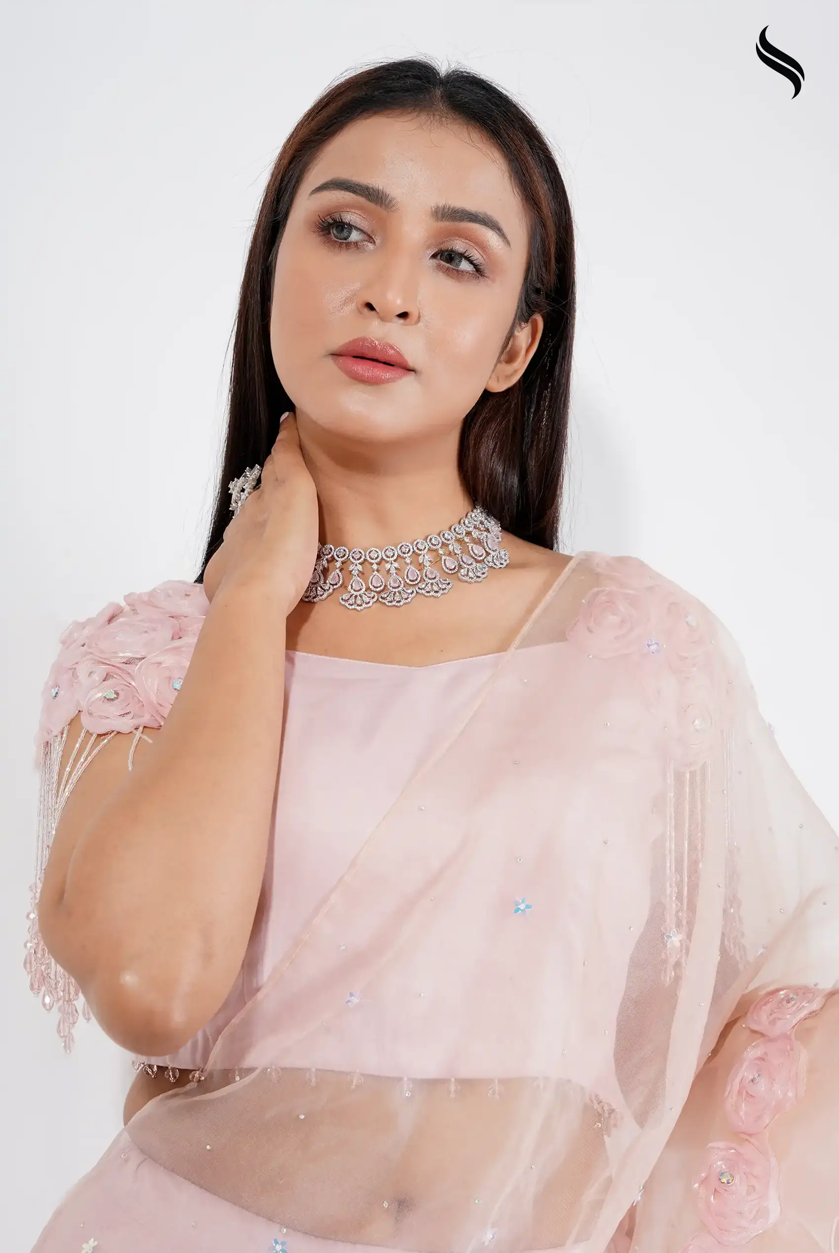 Ready To Wear Baby Pink Muslin Saree (Peach Color) 01