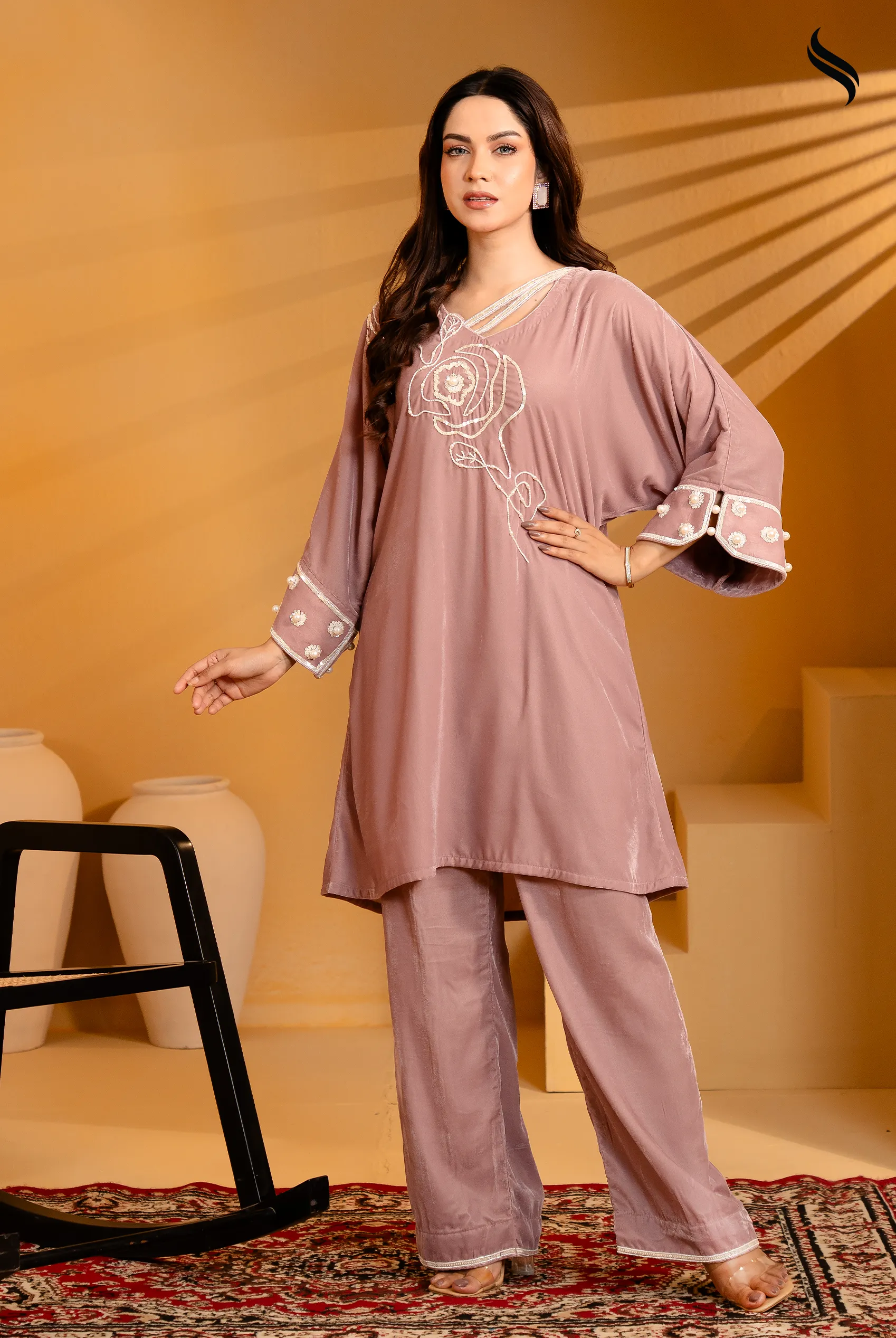 SEESHELL Women's Two Piece Velvet Karchupi Rose Pink (Rosey Pink Color) 01