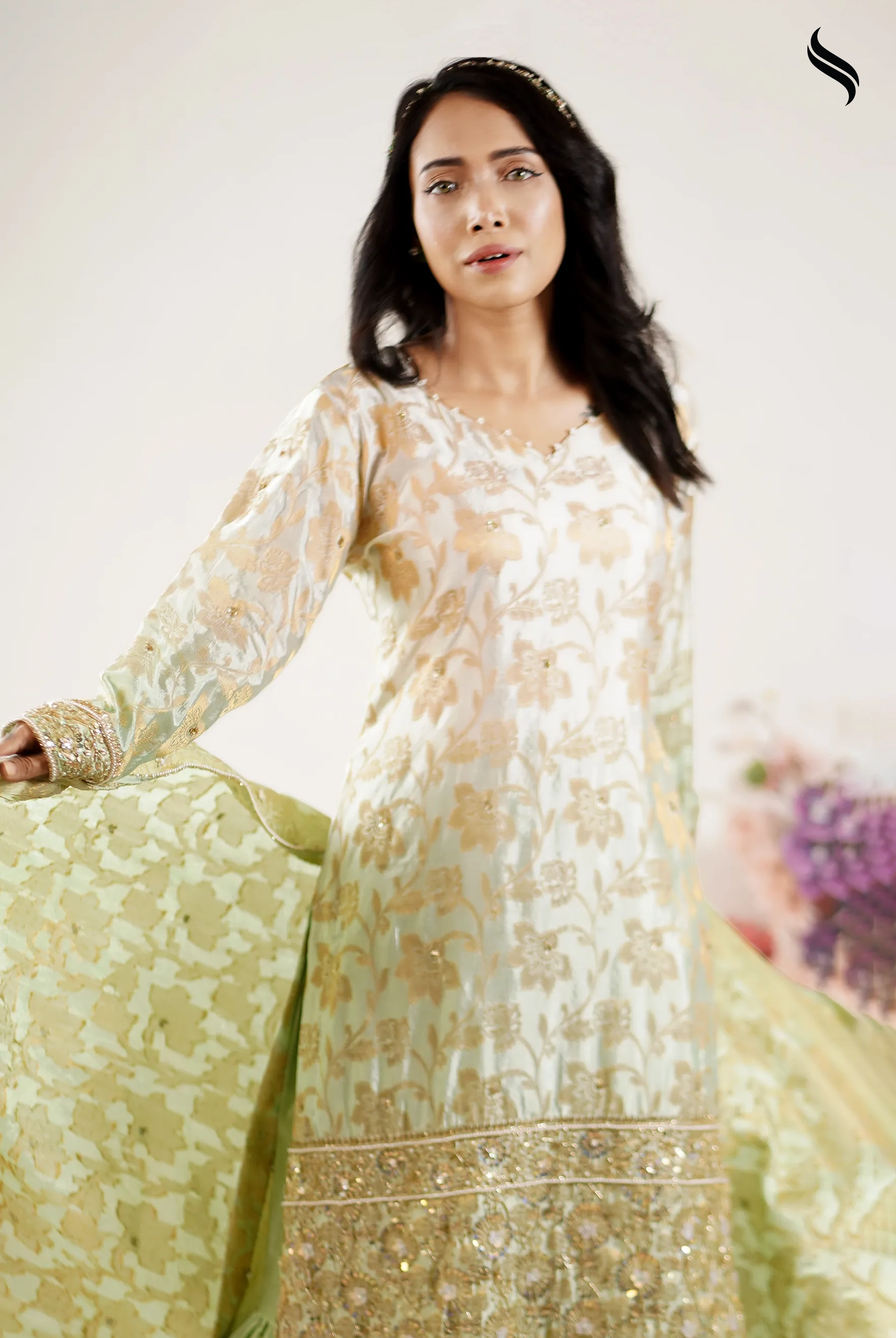 Royal Ombre Katan Gharara Three Piece Set With Zardousi Work (Pistachio Color) 01
