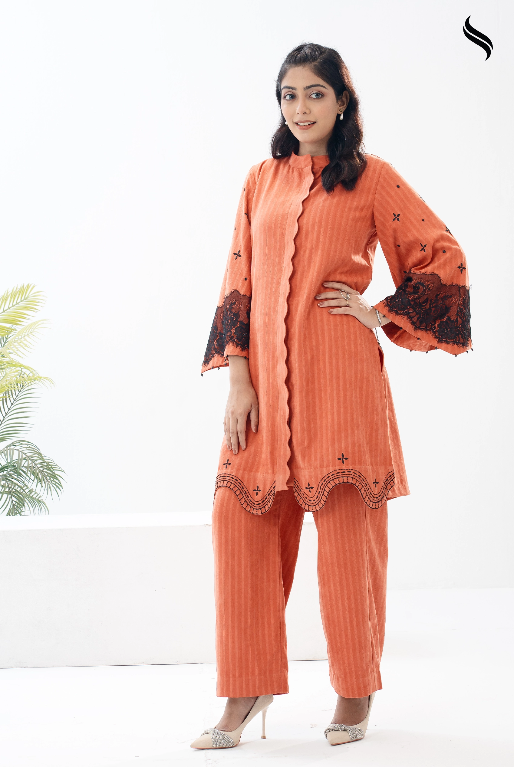 SEESHELL Women's Co Ord Cotton Lace Embroidery Rust Orange (Rustic Orange Color) 01