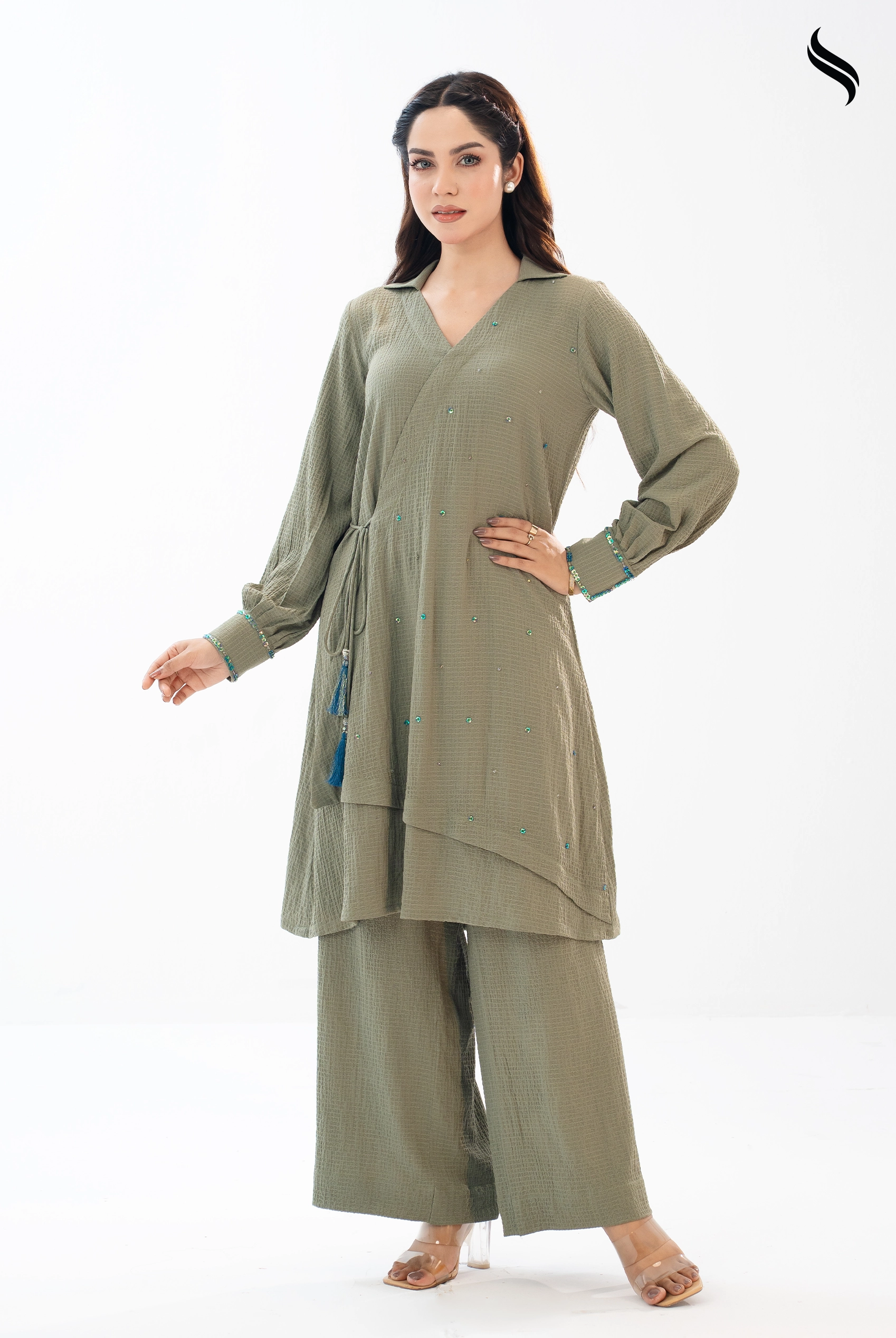 SEESHELL Women's Co Ord Crushed Silk Handwork Sage Green (Sage Green Color) 01