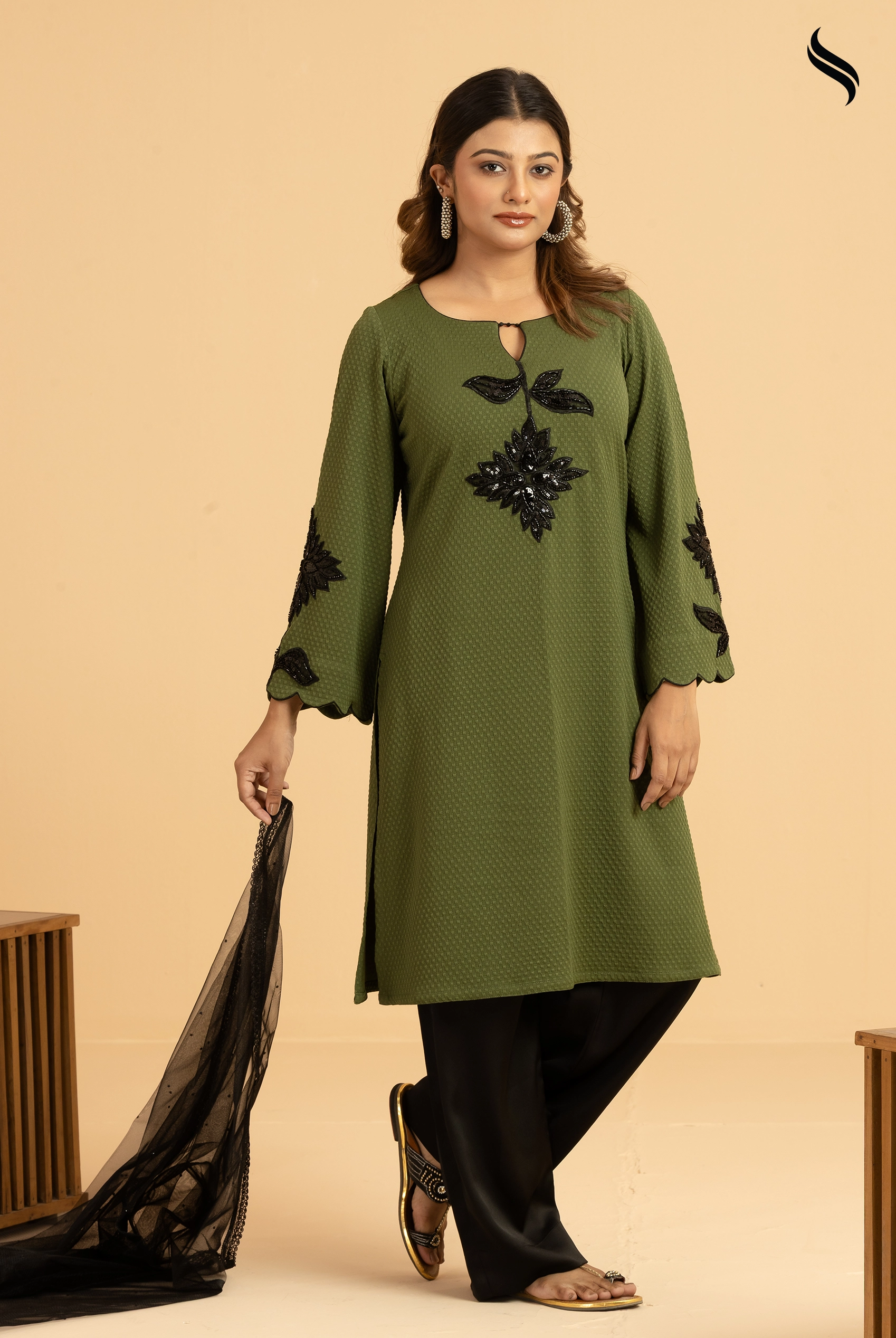 SEESHELL Women's Three Piece Blended Silk Lace Farsi Sage Green (Sage Green Color) 01