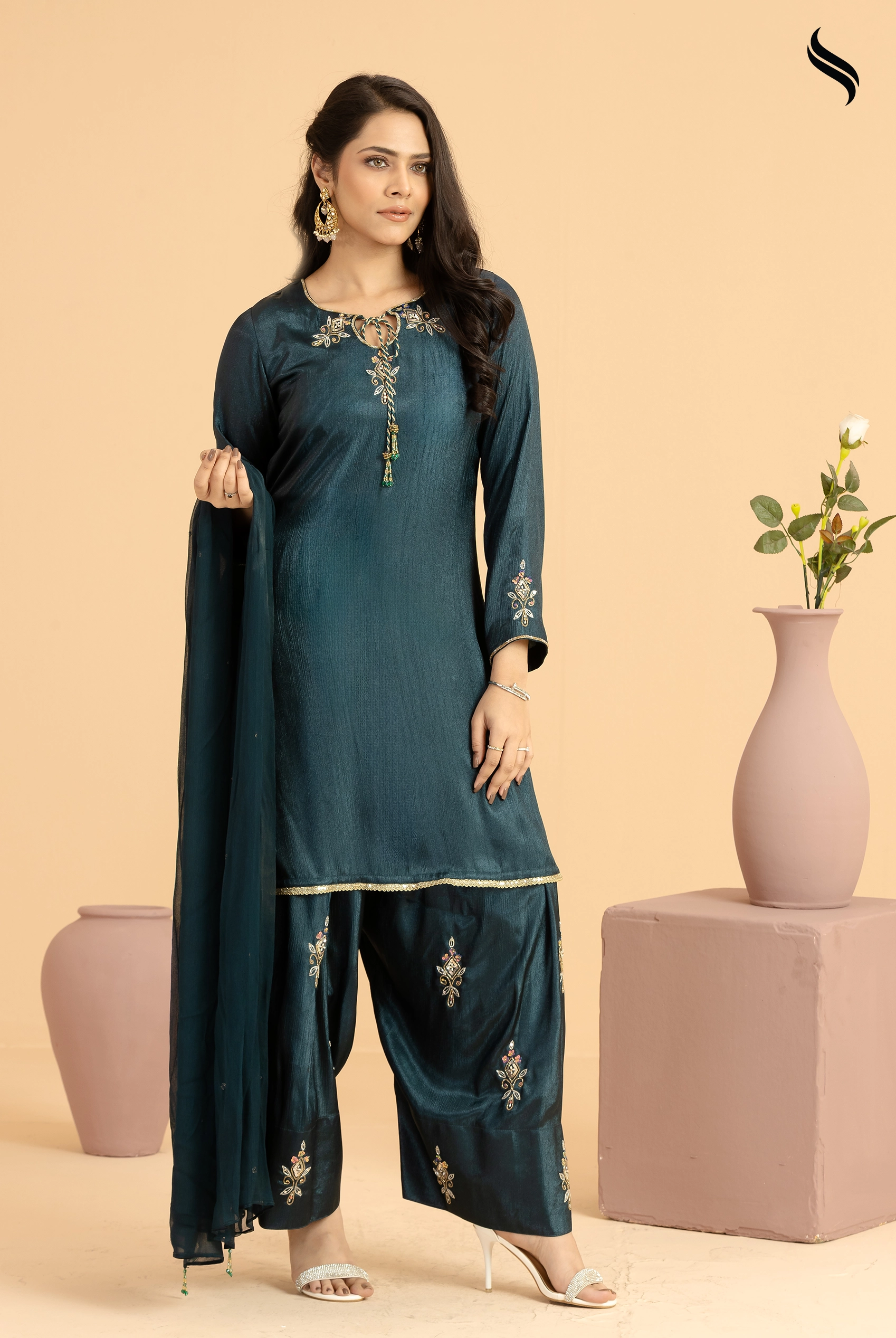 SEESHELL Women's Three Piece Zari Silk Chiffon Sea Green (Sea green Color) 01