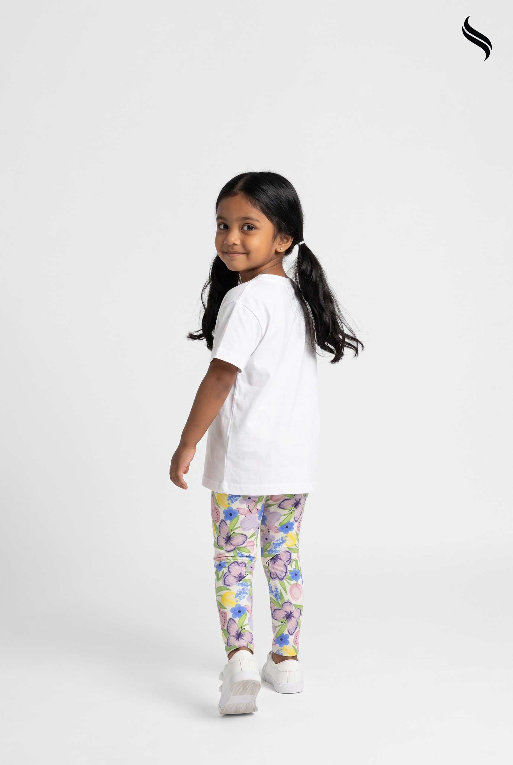 SEESHELL Kid's Girl Leggins Cotton Floral Botanical Print White (White Color) 02