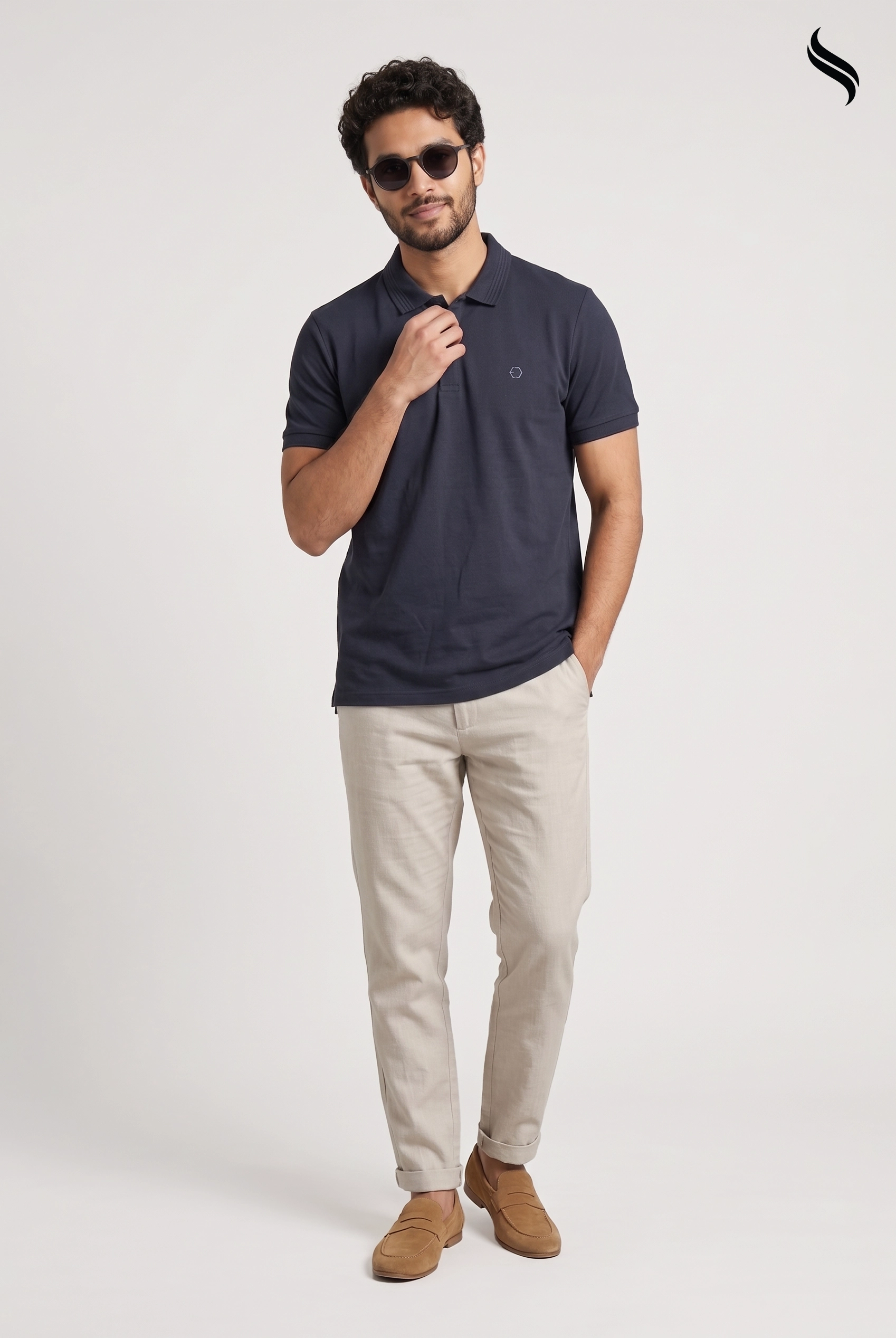 SEESHELL Men's Classic Solid Polo Shirt – Midnight Blue (Black Color) 04