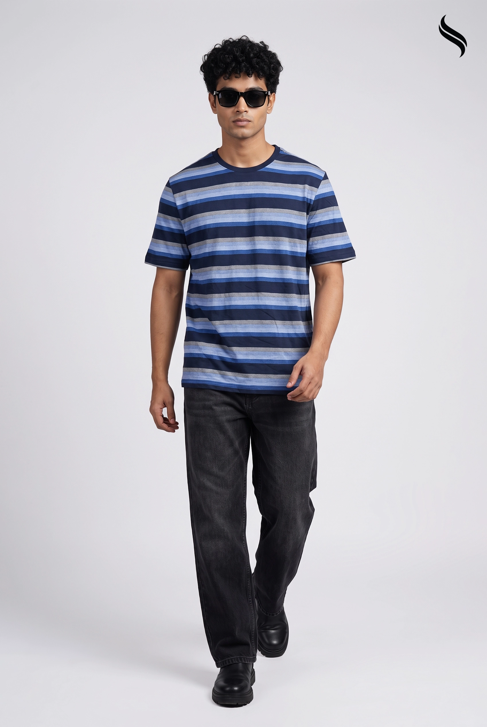 SEESHELL Men's Striped Knit T-Shirt – Navy Blue & Grey (Navy Blue & Grey Color) 02