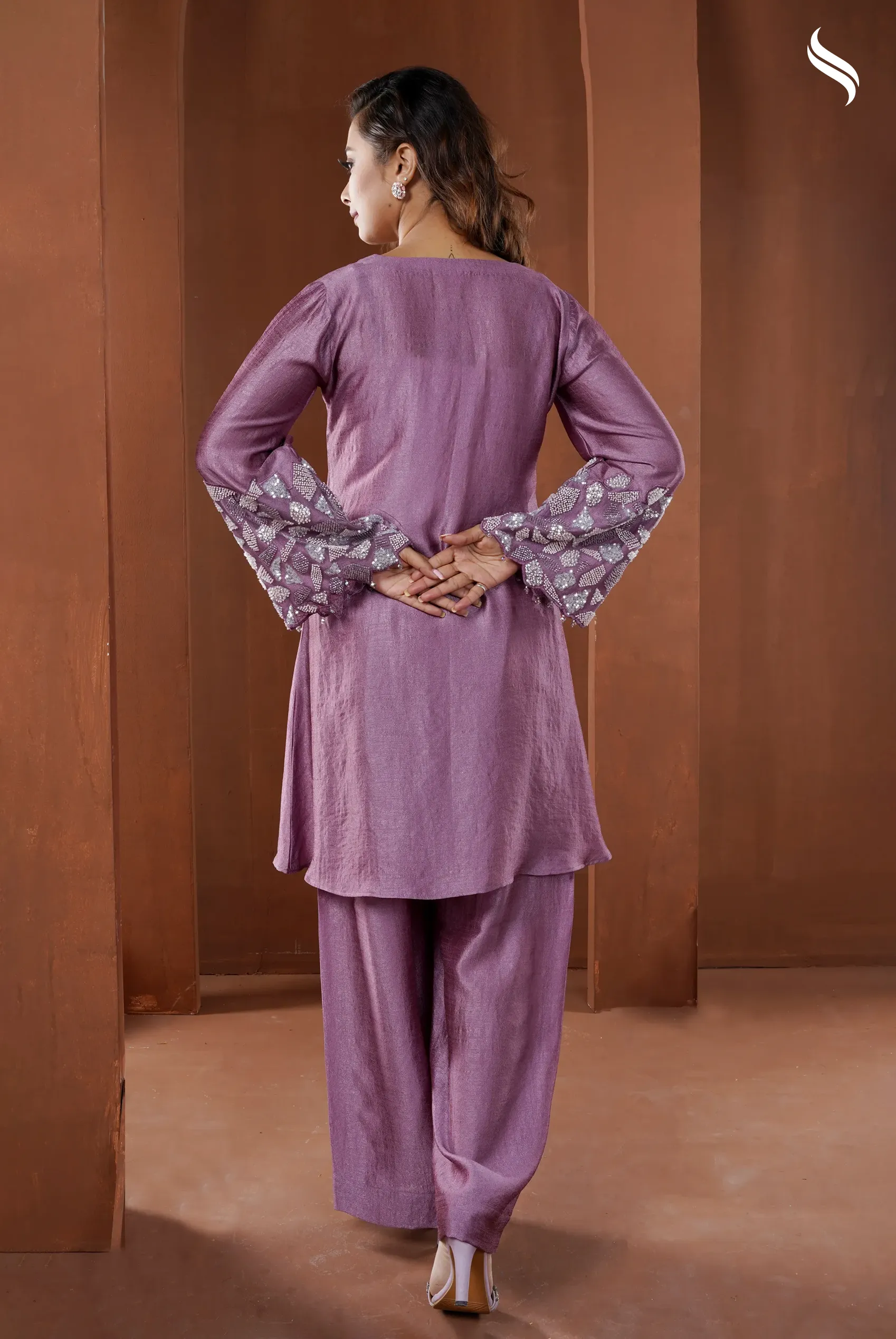 Shirt style two piece set with embroidered geometric applique (Deep Lilac Color) 01