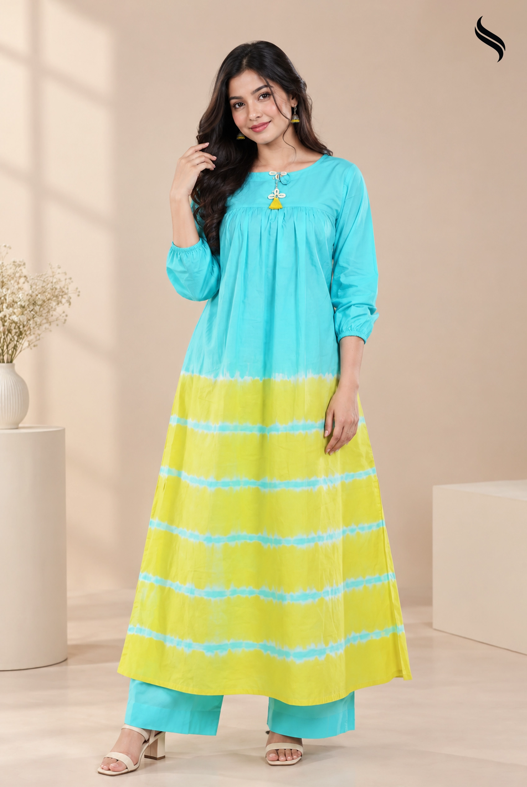SEESHELL Women's Maxi Dress Cotton Tie Dye Sky Blue Yellow (Sky blue and yellow tie-dye Color) 01