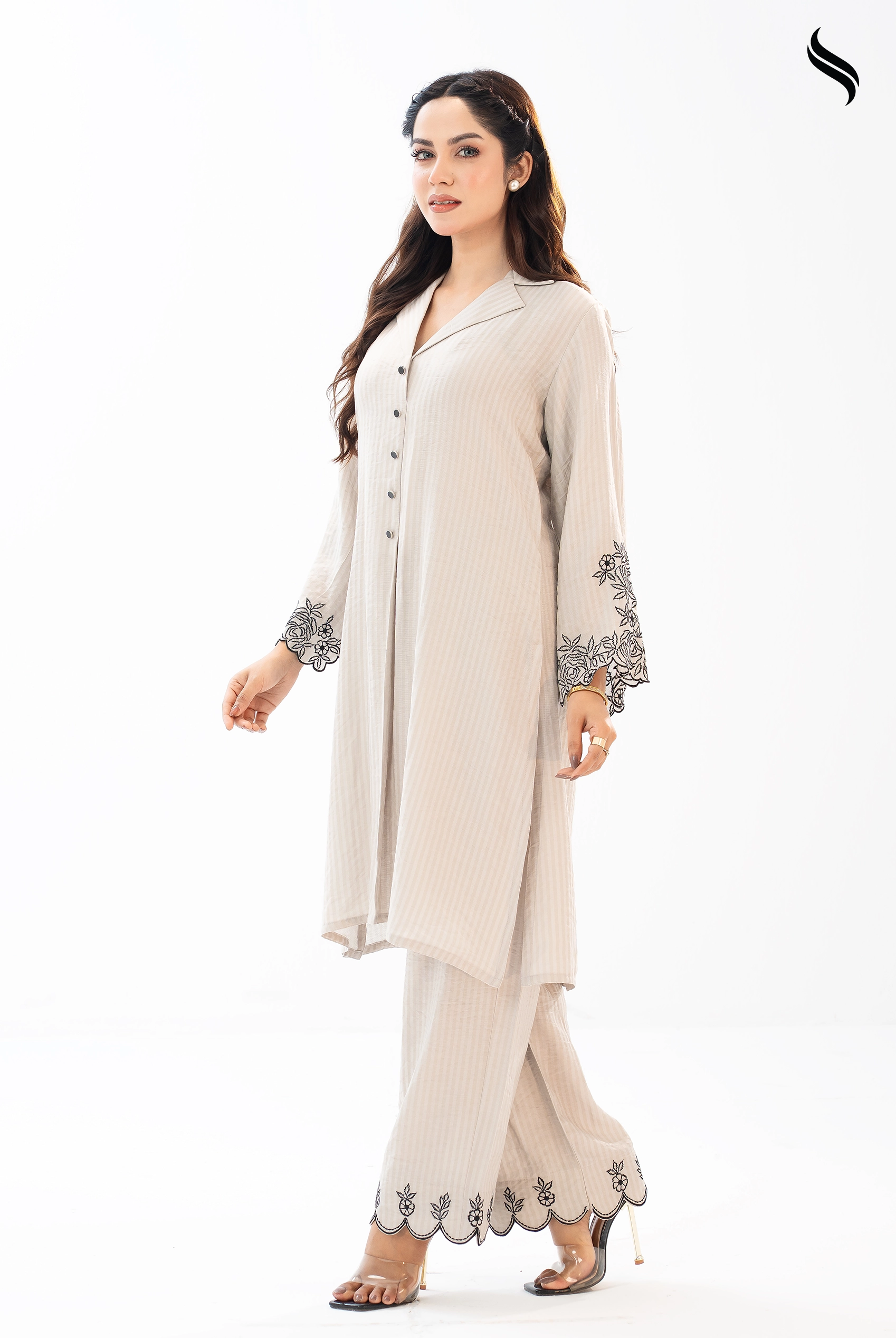 Striped Beige Co-ord Set with Embroidery (Beige Color) 01