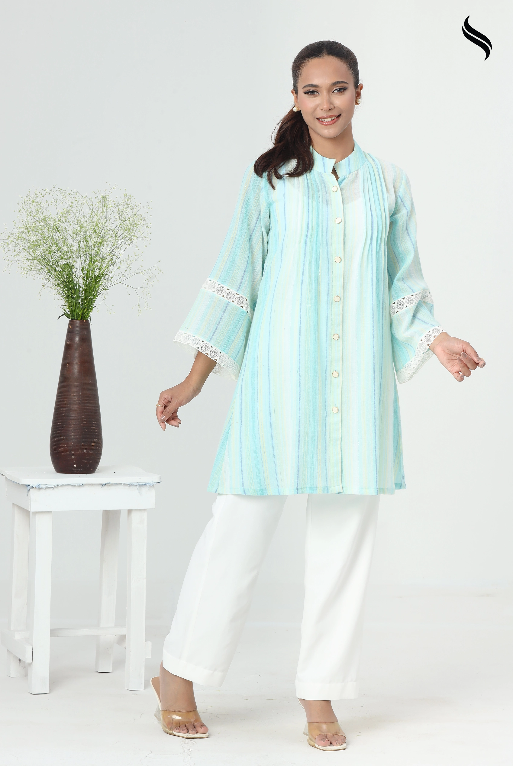 SEESHELL Women's Top Cotton Lace Stripe Turquoise Blue (Pale Turquoise Color) 01