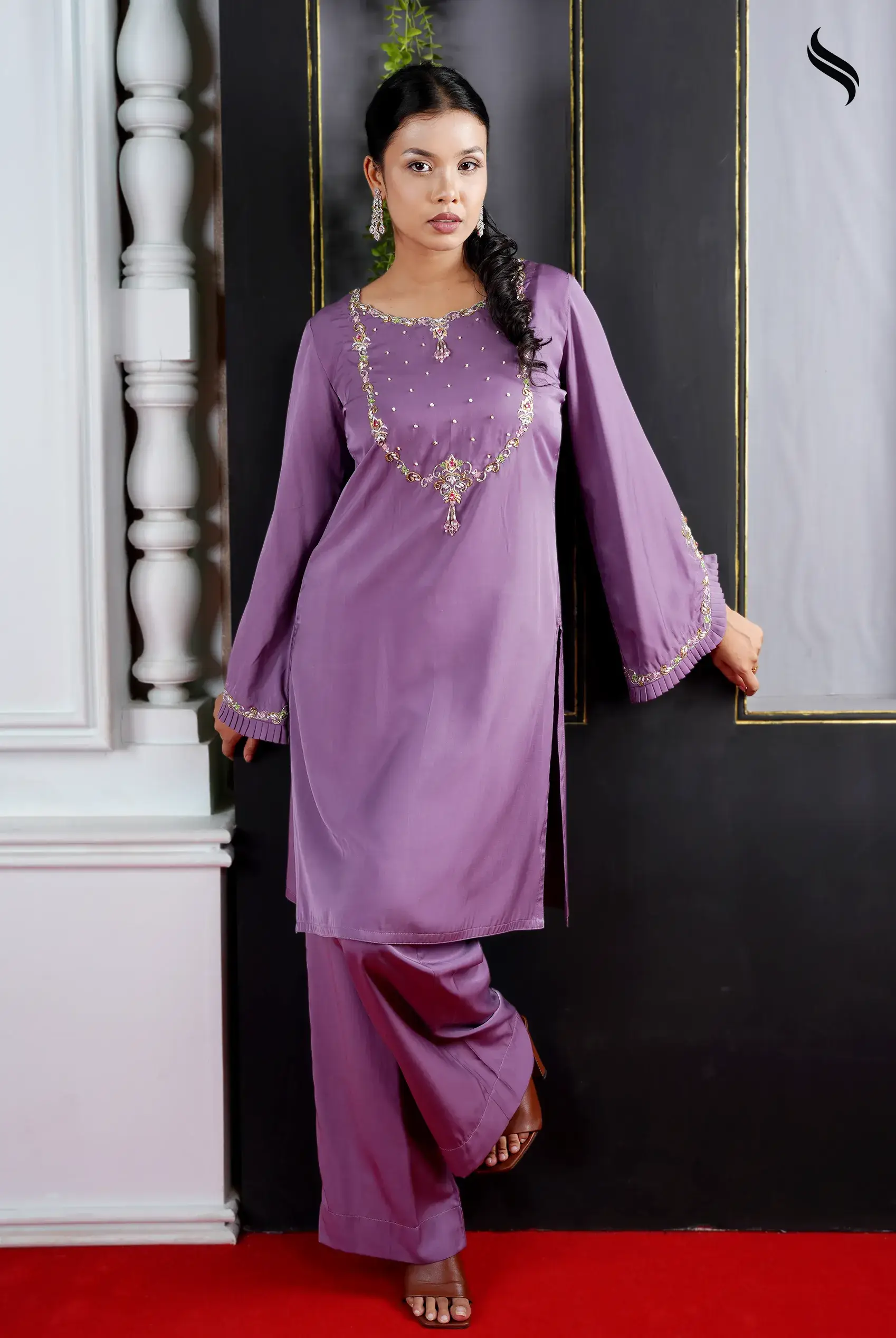 Swiss velvet two piece set with zardosi work (Purple Color) 01