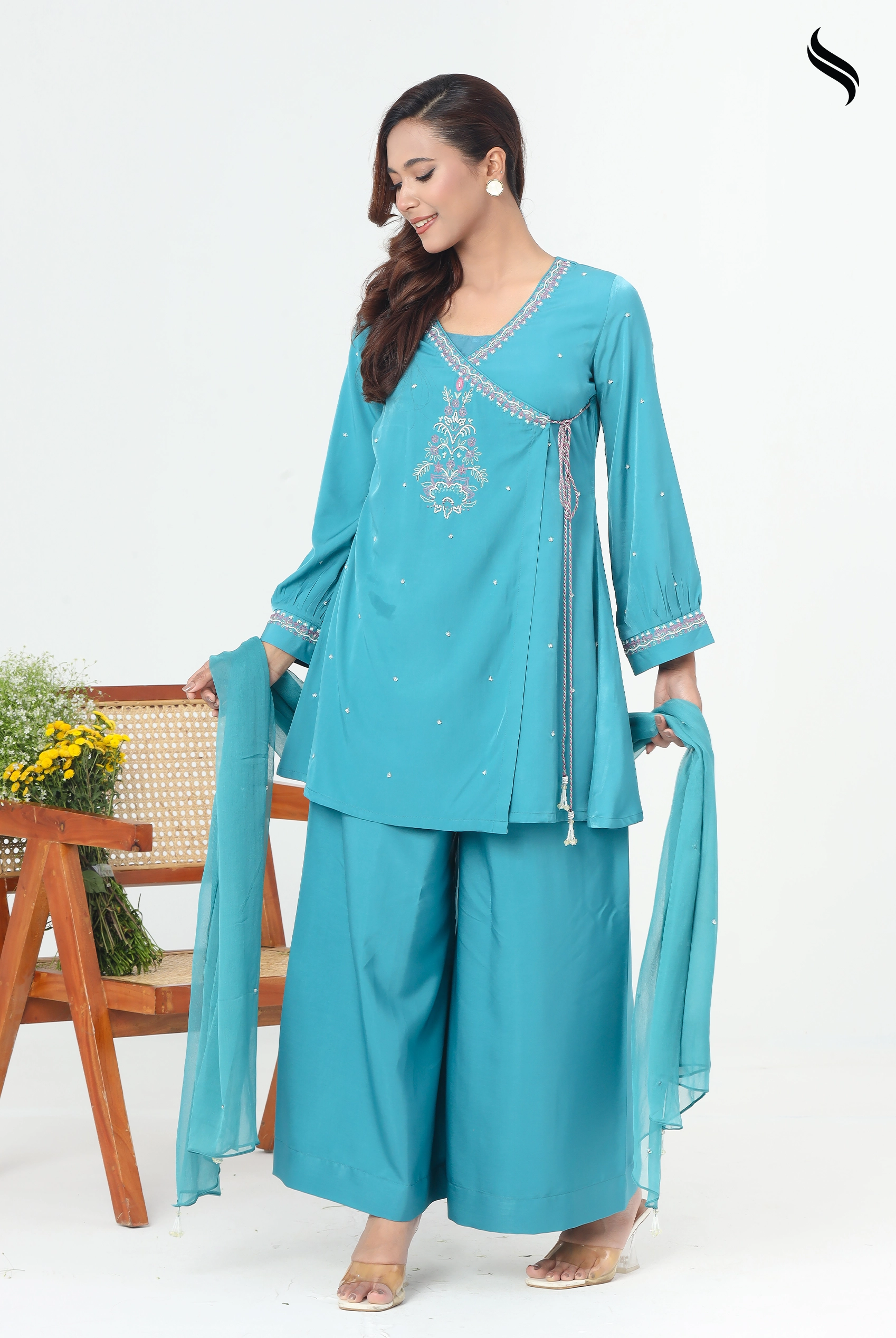 SEESHELL Women's Three Piece Velvet Silk Karchupi Teal Blue (Teal blue Color) 01