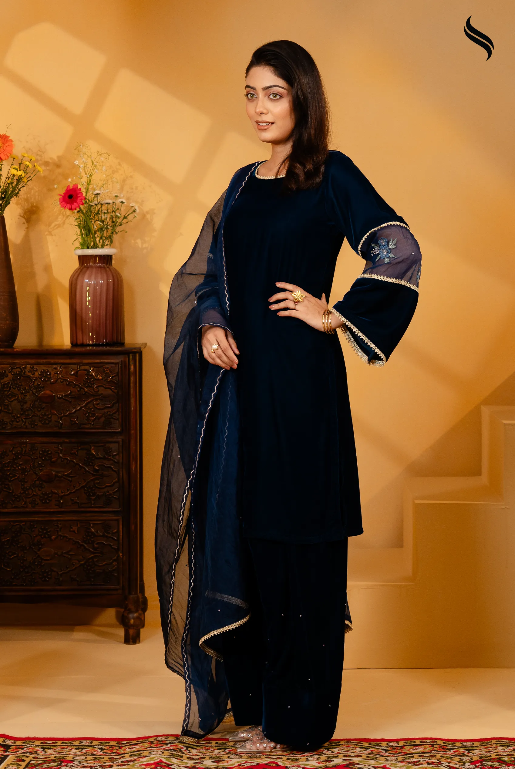 Teal Embroidery & Karchupi Velvet Exclusive Three Piece (Teal Color) 01
