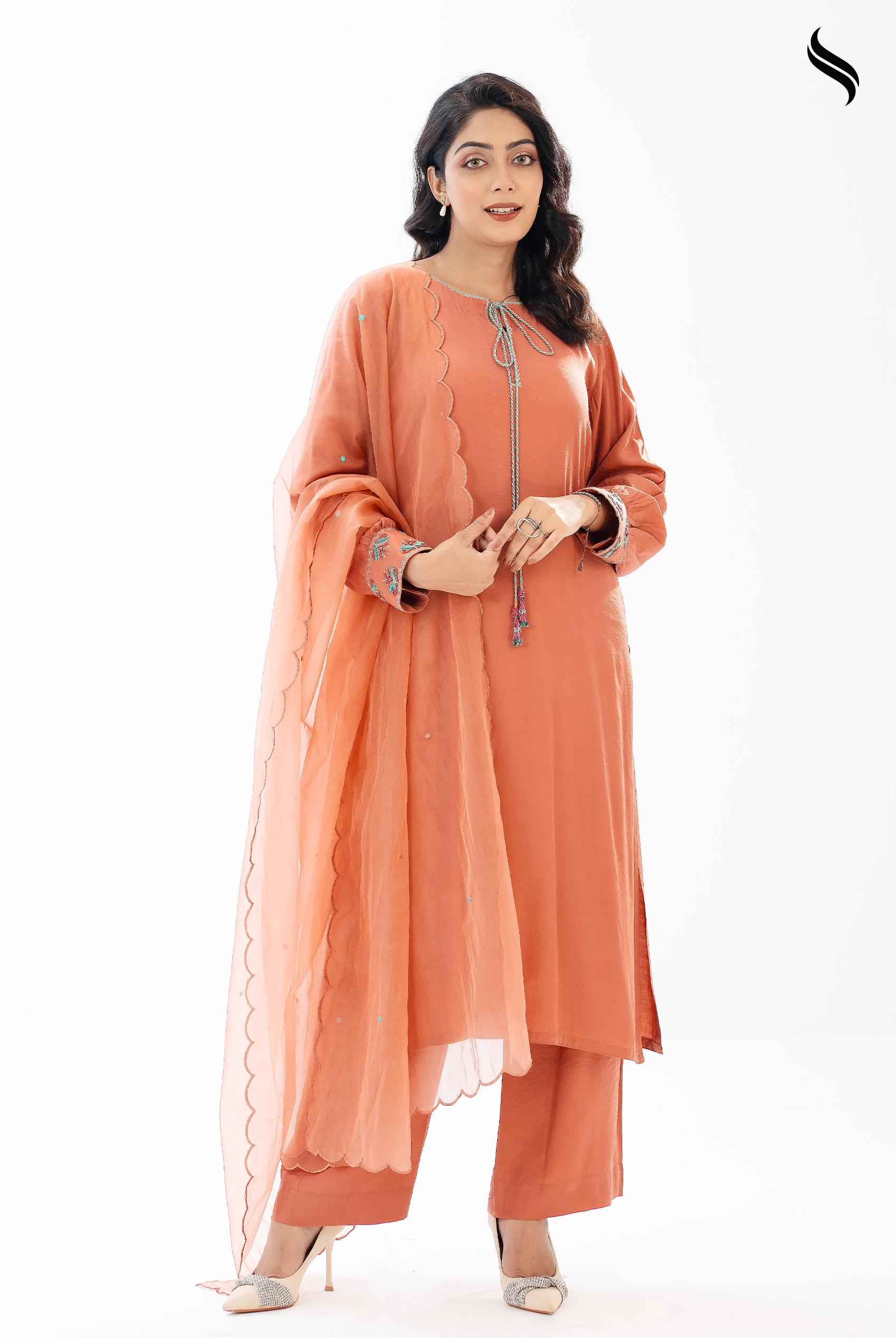 SEESHELL Women's Three Piece Blended Silk Karchupi Terracotta (Terracotta Color) 01