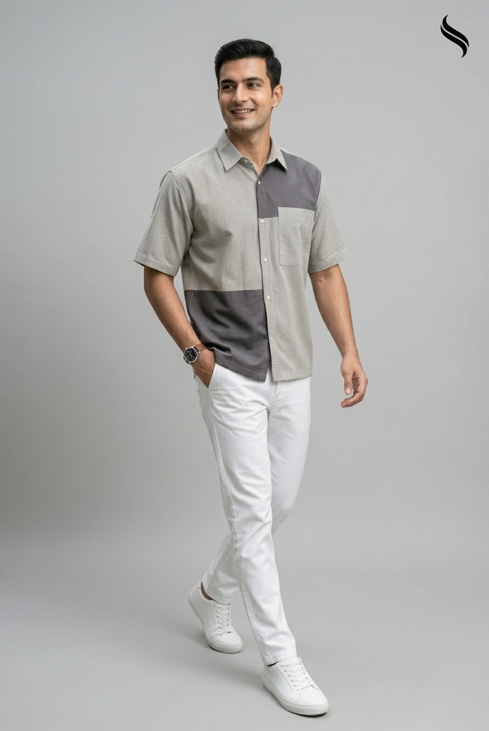 SEESHELL Men's Shirt Short Sleeve Cotton Blue Grey (Blue & Grey Color) 01