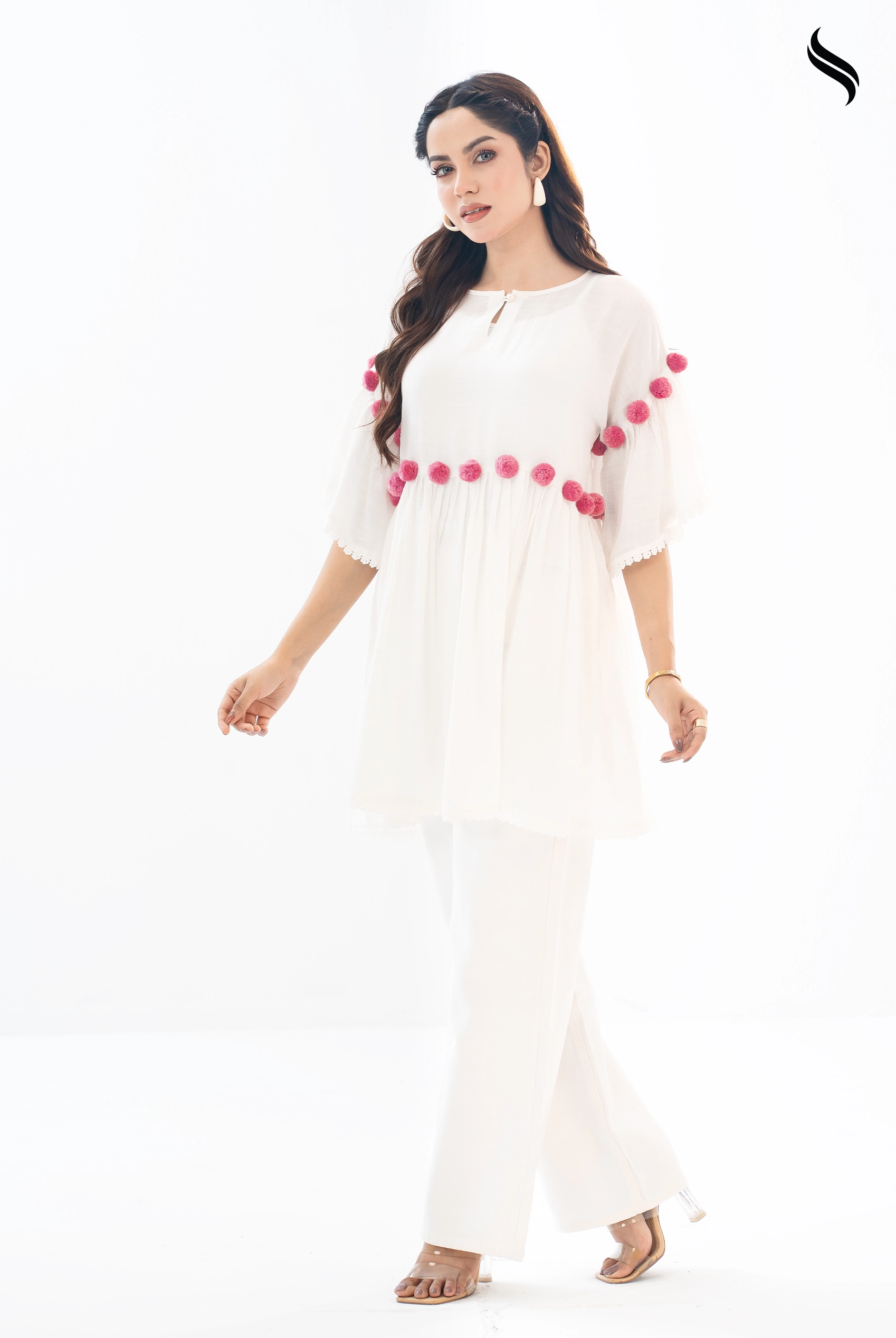 White Cheese Cotton Pompom Dress (White Color) 01