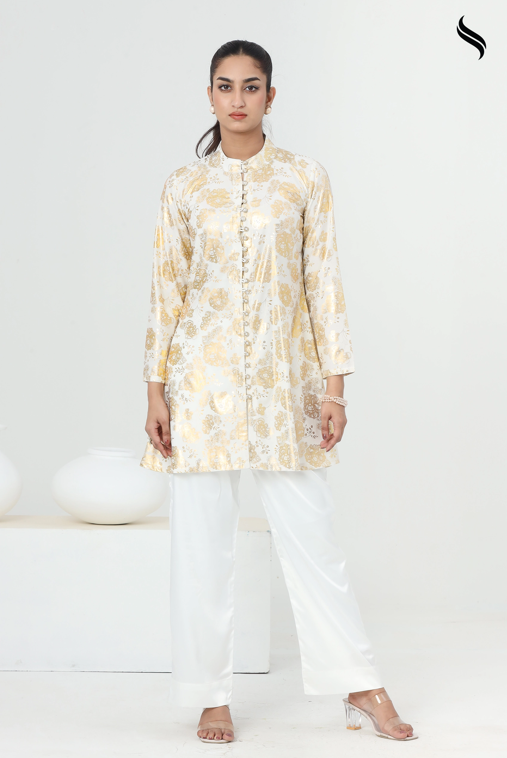 SEESHELL Women's Co-Ord CottonLustrous Gold Foil White (White Color) 01