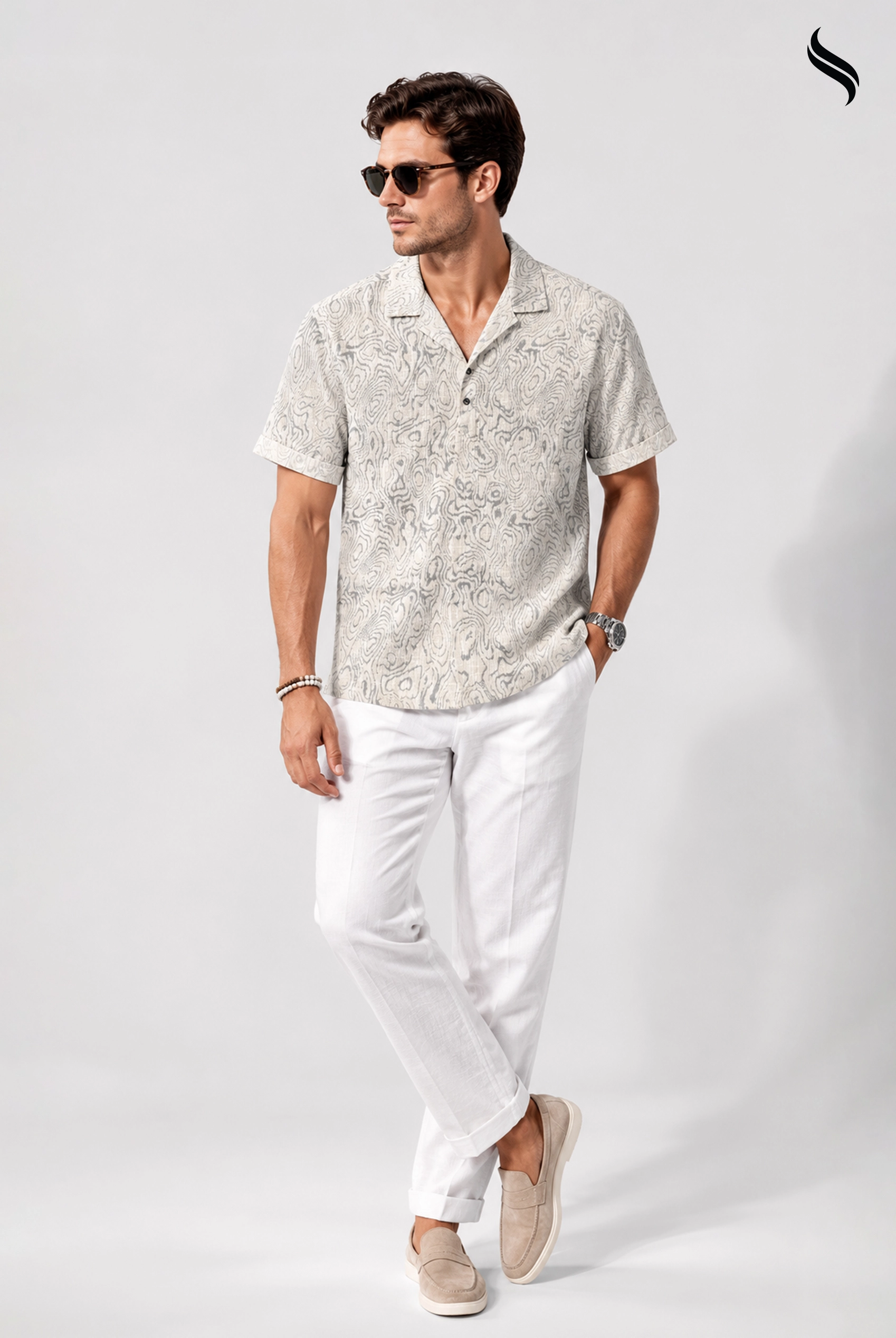 SEESHELL Men's Katua Cuban Shirt Blended Cotton White Grey (White- Grey Color) 01