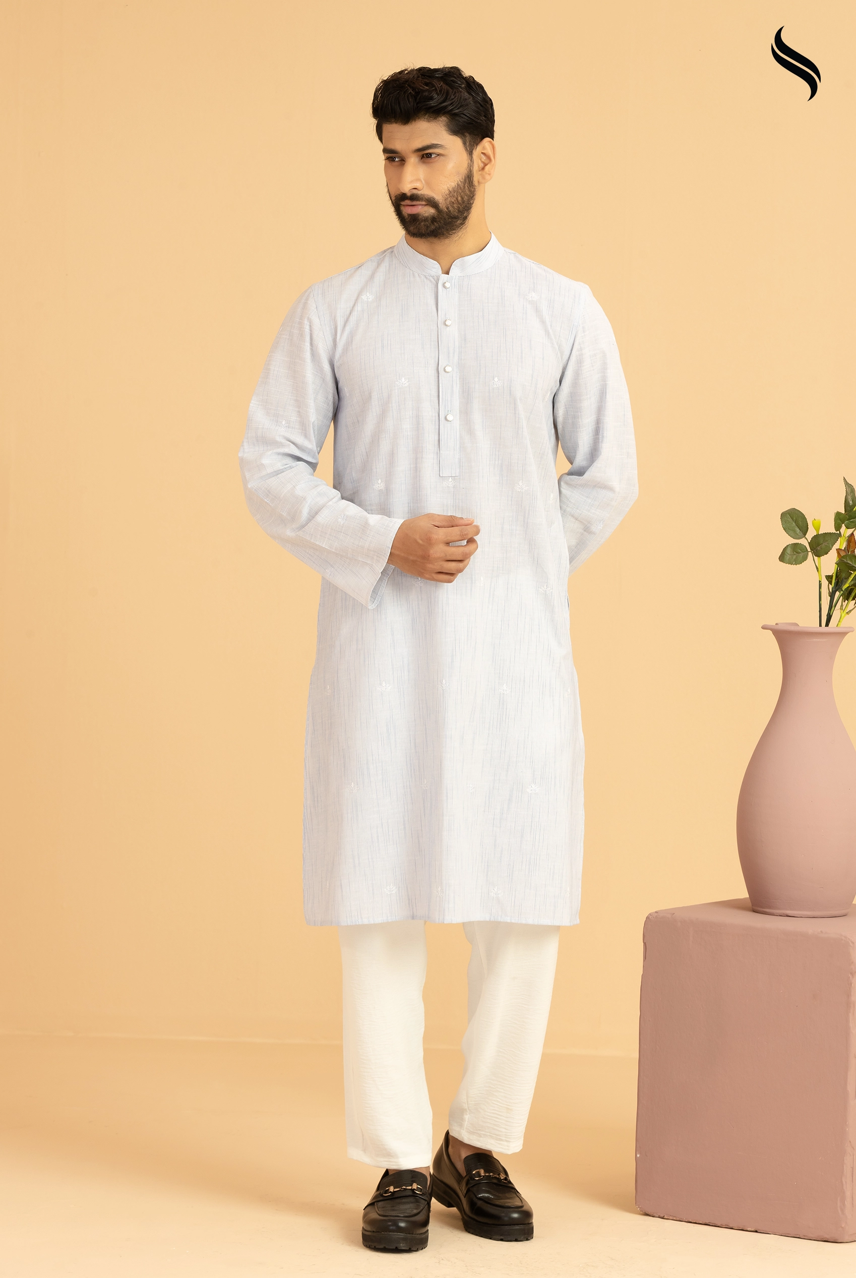 SEESHELL Men's Panjabi Cotton Tambour Threadwork Light Blue (White Color) 01