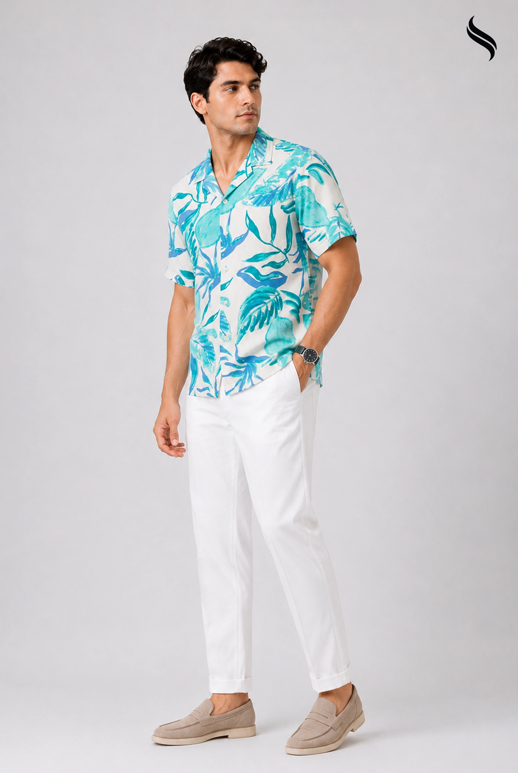 SEESHELL Men's Cuban Shirt Blended Slub Cotton Print White Teal (White- Teal Color) 01