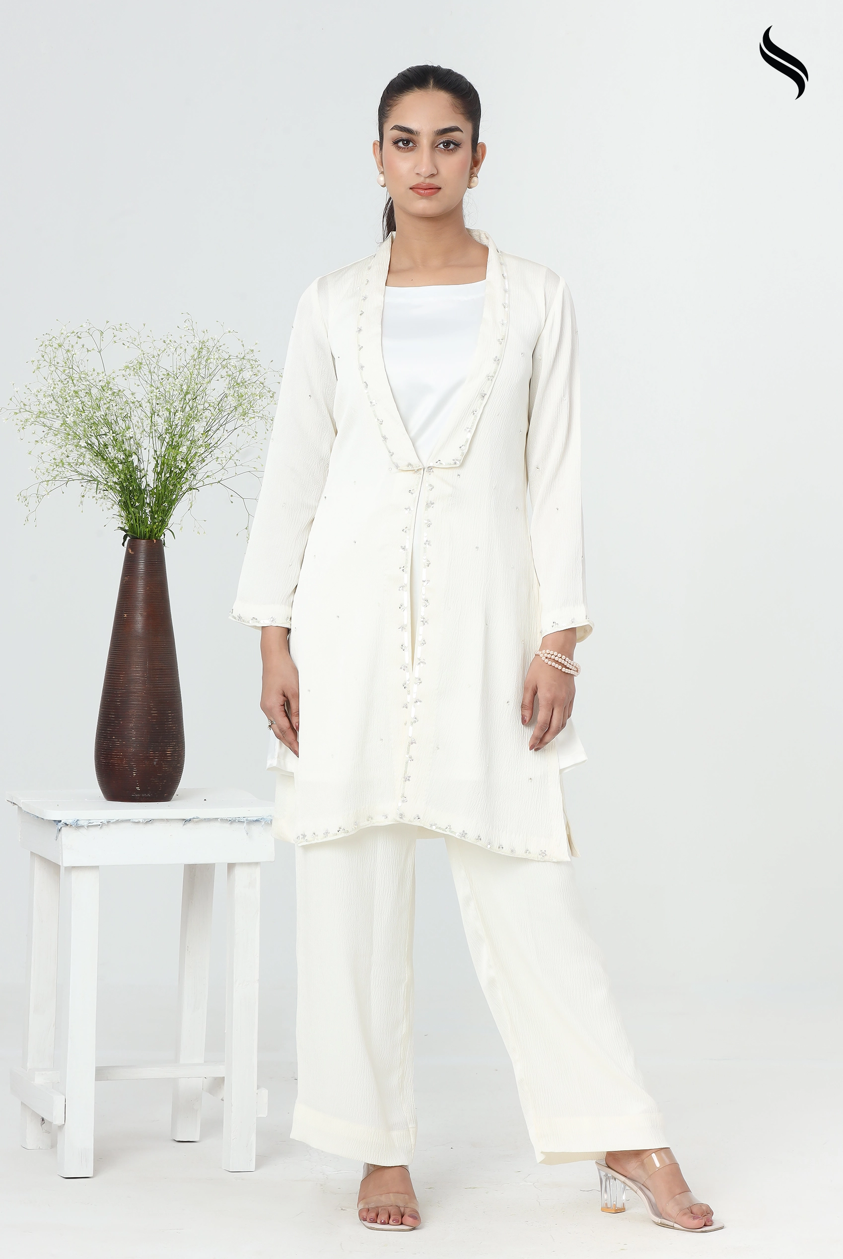 SEESHELL Women's Two Piece Premium Silk Zardosi White (White Color) 01