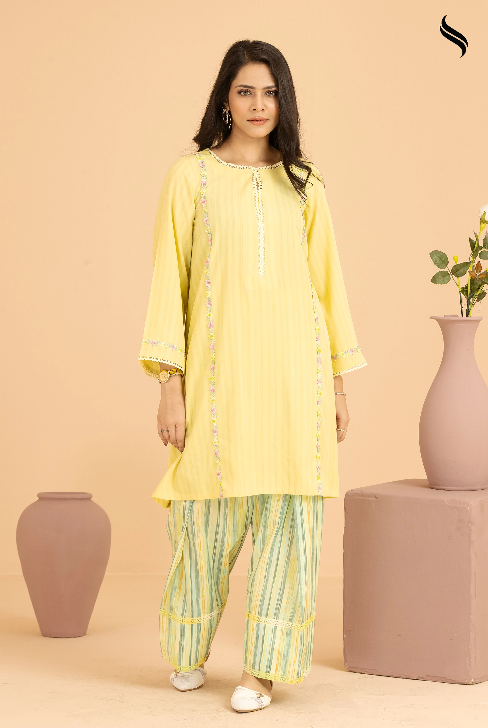 SEESHELL Women's Two Piece Viscose Linen Lace Yellow Green (Yellow and green Color) 01