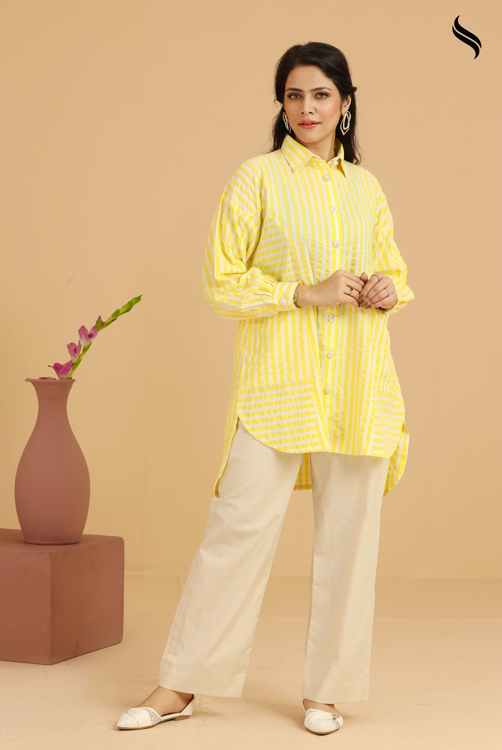 SEESHELL Women's Shirt Viscose Pearl Buttons Yellow (Yellow Color) 01