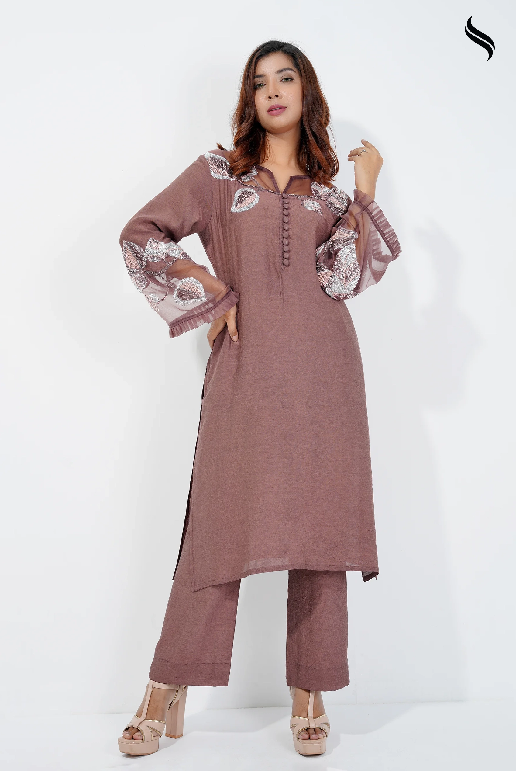 Zardosi two piece set with cutwork on sleeve (Brown Color) 01